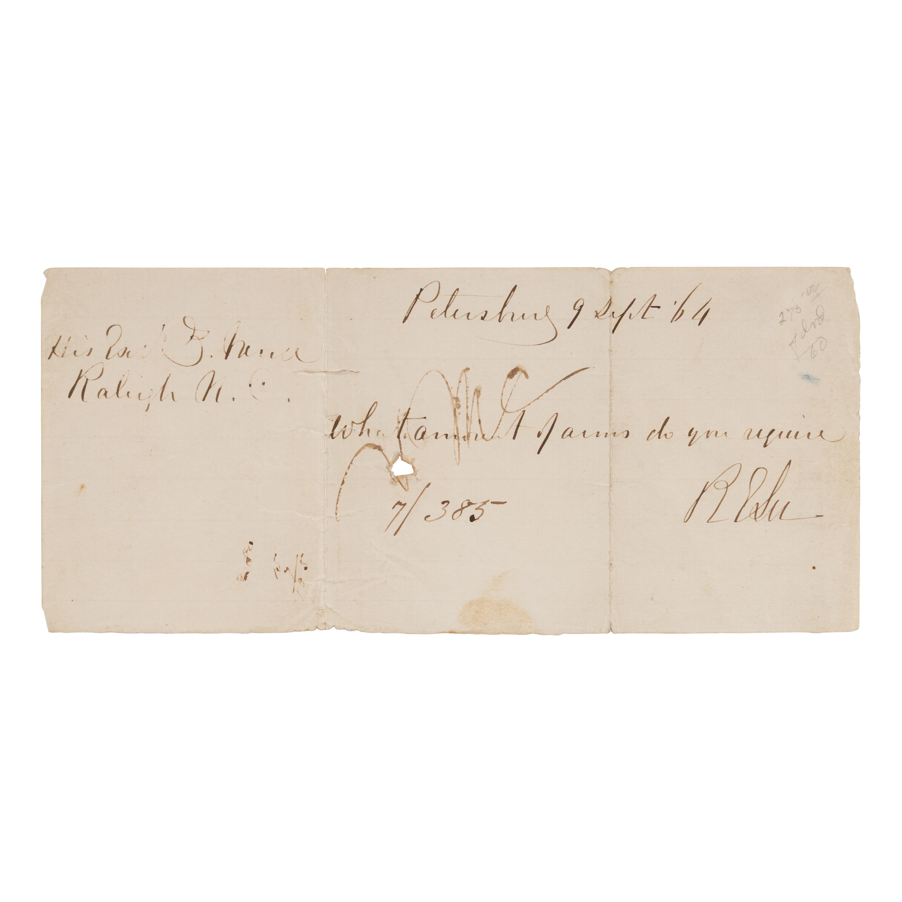 Lee, Robert E.(1807-1870). Autograph note signed ("R.E. Lee"), to Governor Zebulon B. Vance, Petersburg, Virginia, 9 September 1864.