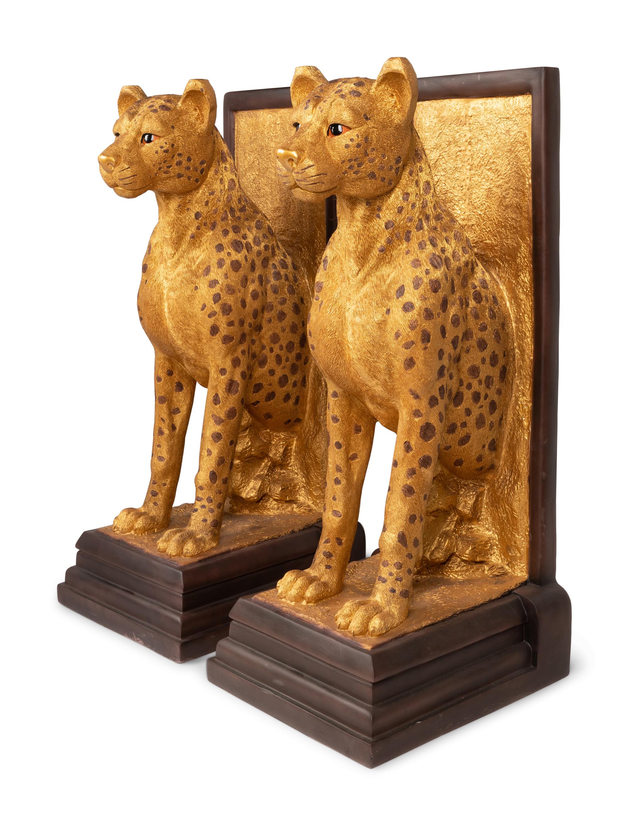 A Pair of Gilt Decorated Resin Cheetah Figures