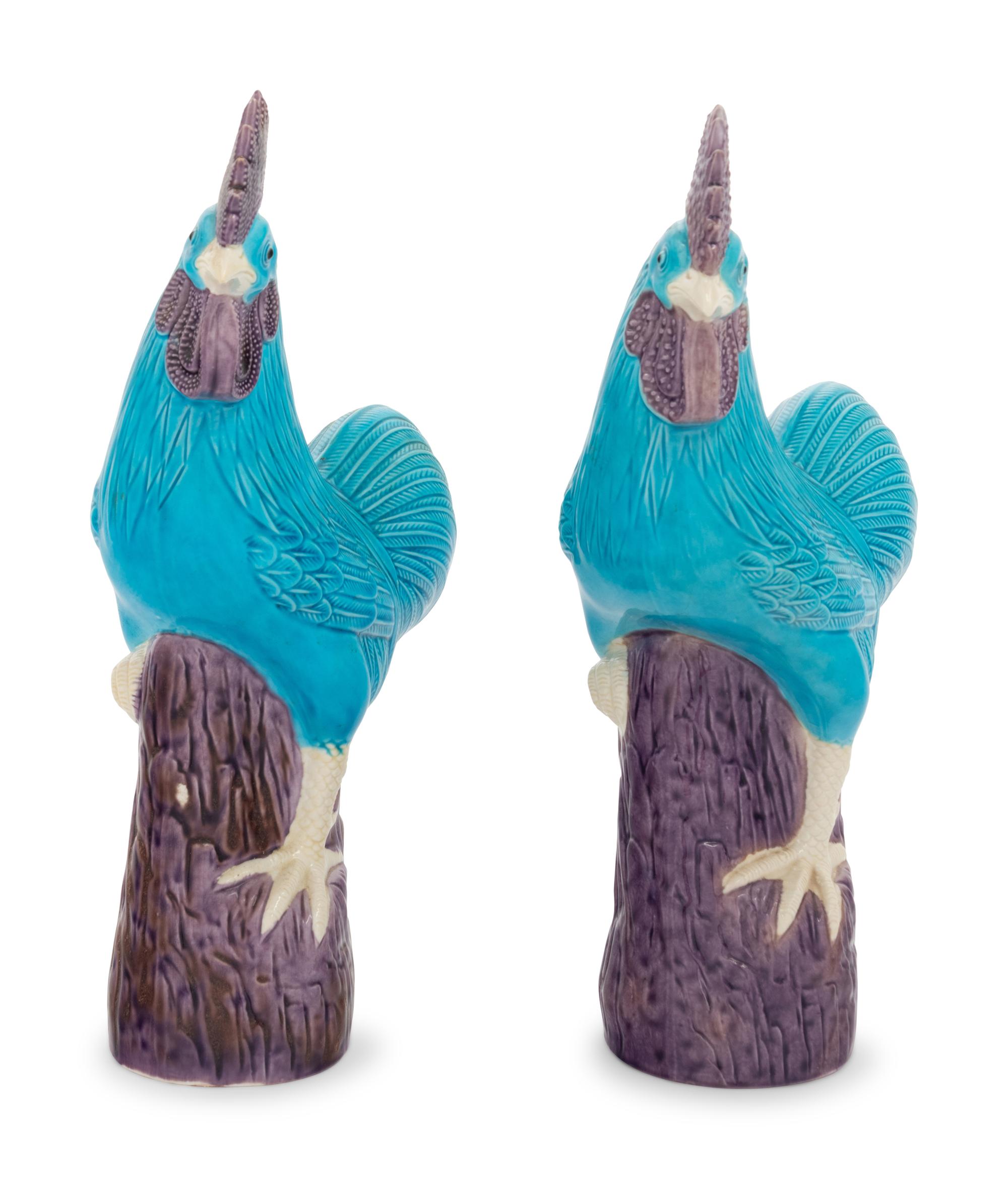 A Pair of Chinese Export Turquoise Glazed Roosters