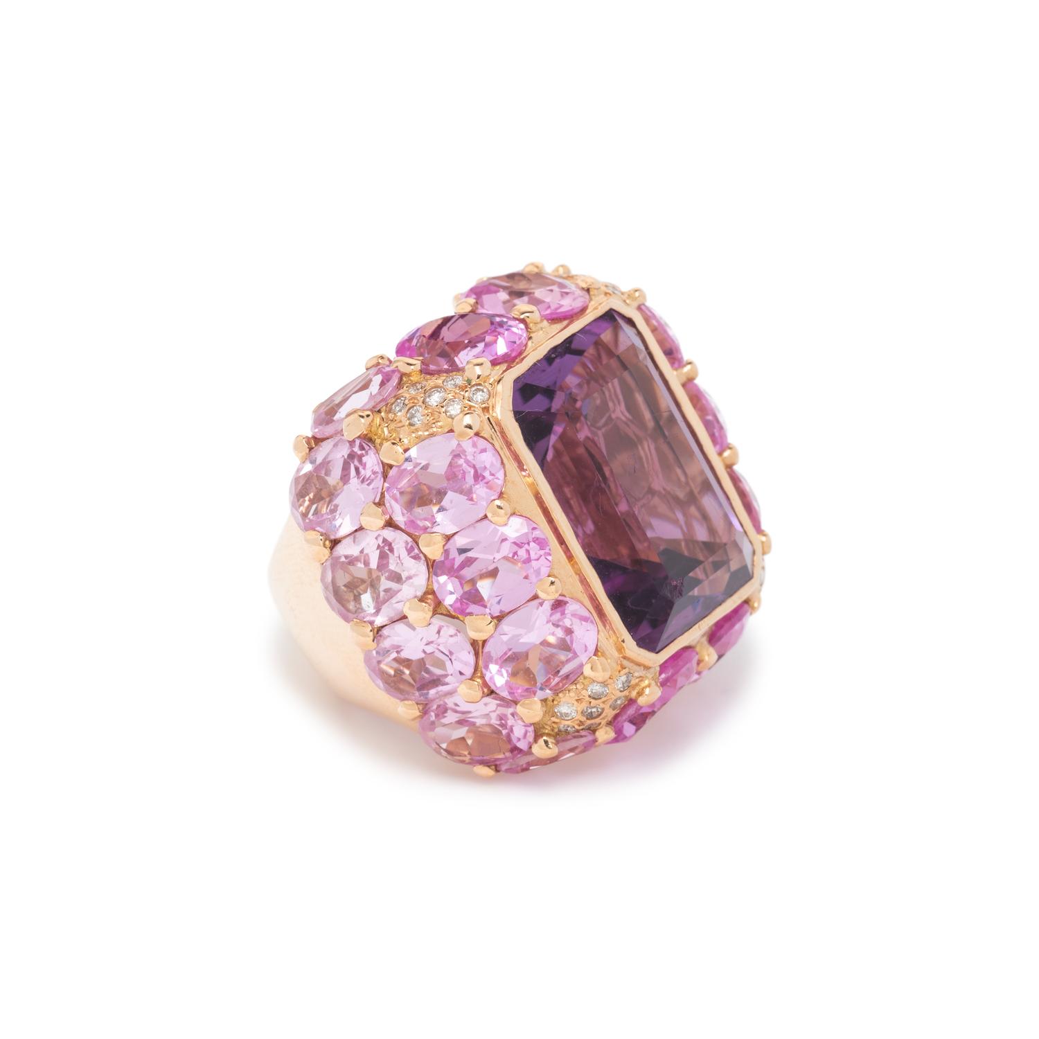 AMETHYST, SYNTHETIC PINK SAPPHIRE, AND DIAMOND RING