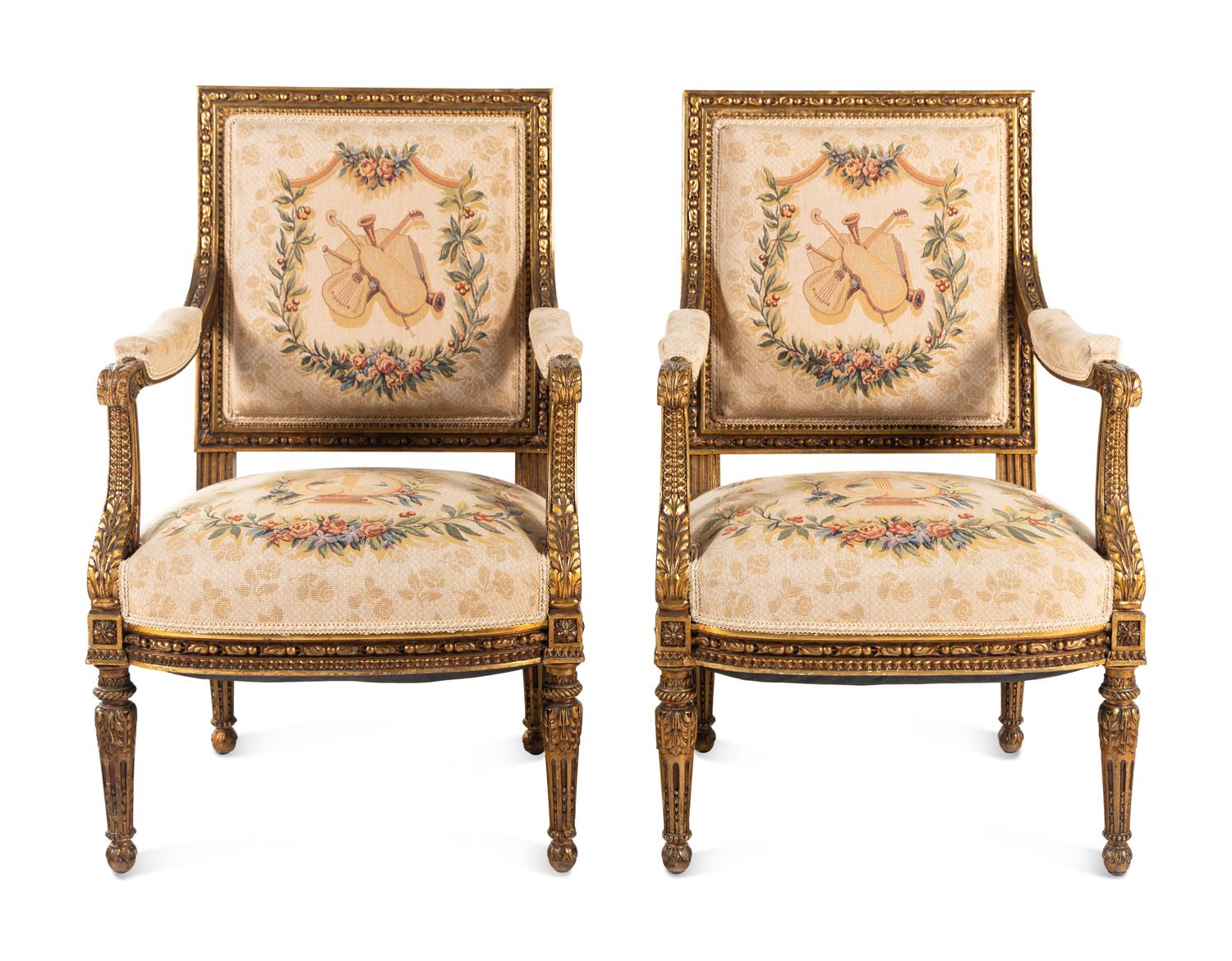 A Pair of Louis XVI Style Tapestry-Upholstered Giltwood Bergères