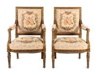A Pair of Louis XVI Style Tapestry-Upholstered Giltwood Bergères
