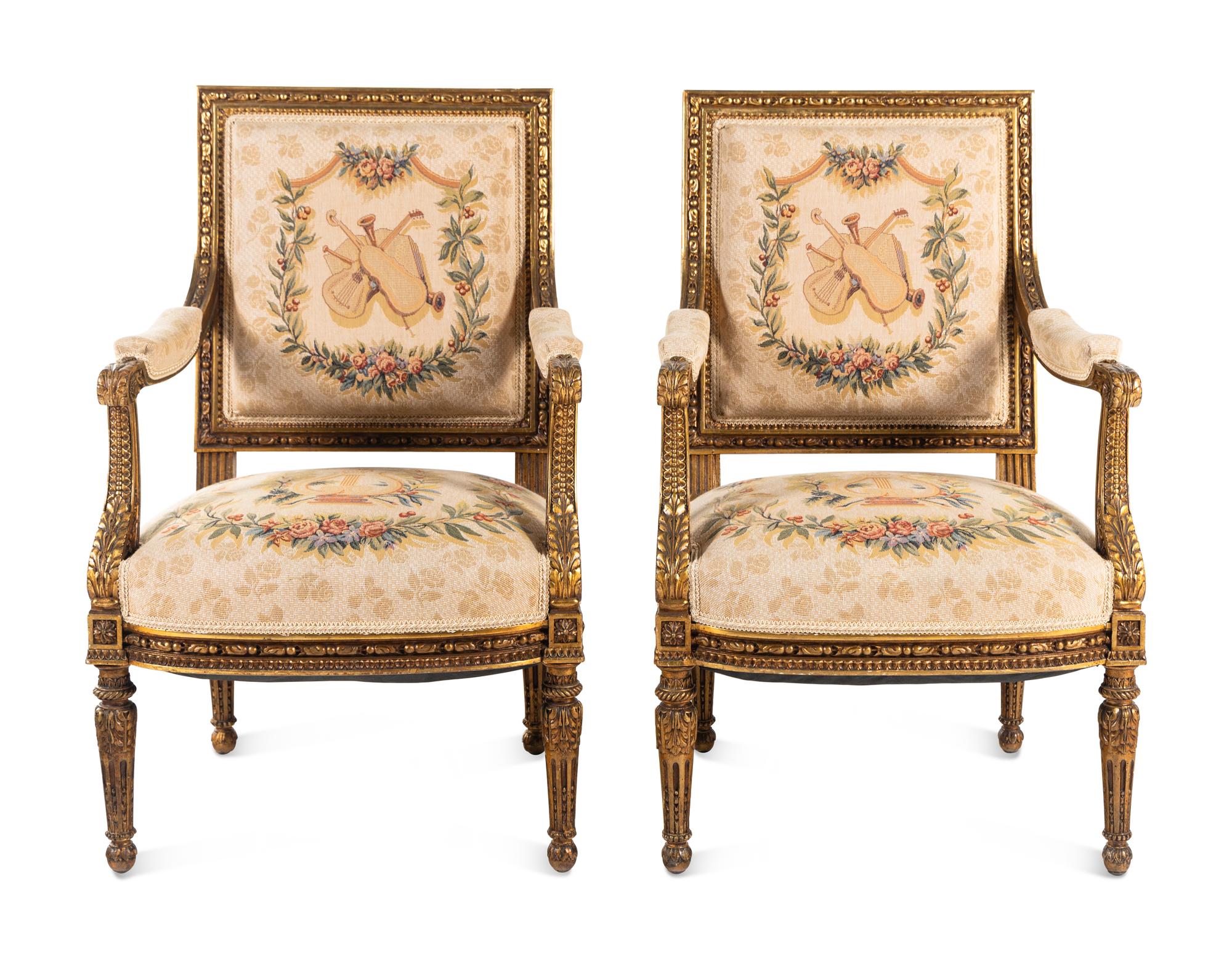 A Pair of Louis XVI Style Tapestry-Upholstered Giltwood Bergères