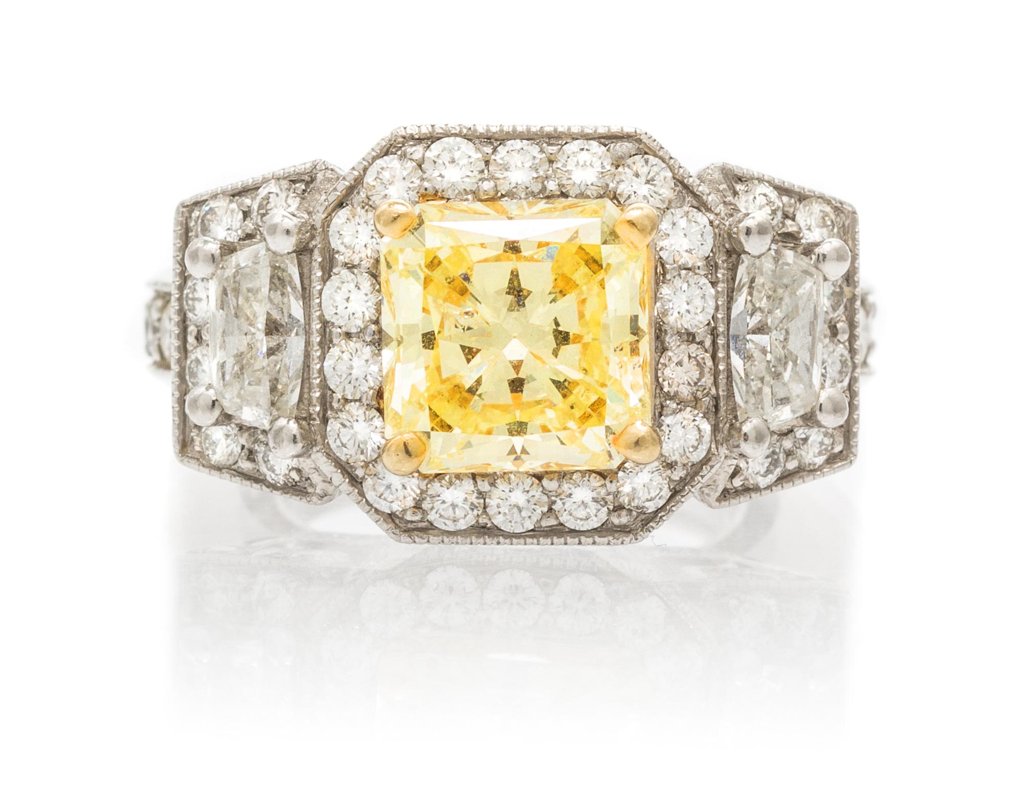 A Platinum, Yellow Gold, Colored Diamond and Diamond Ring, 11.70 dwts.
