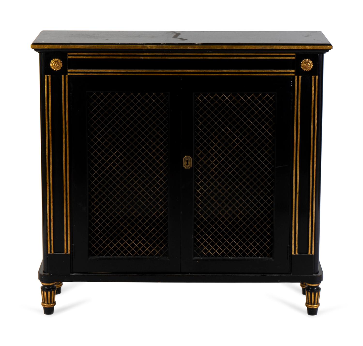 A Regency Style Ebonized and Gilt Decorated Low Side Cabinet — 20TH CENTURY