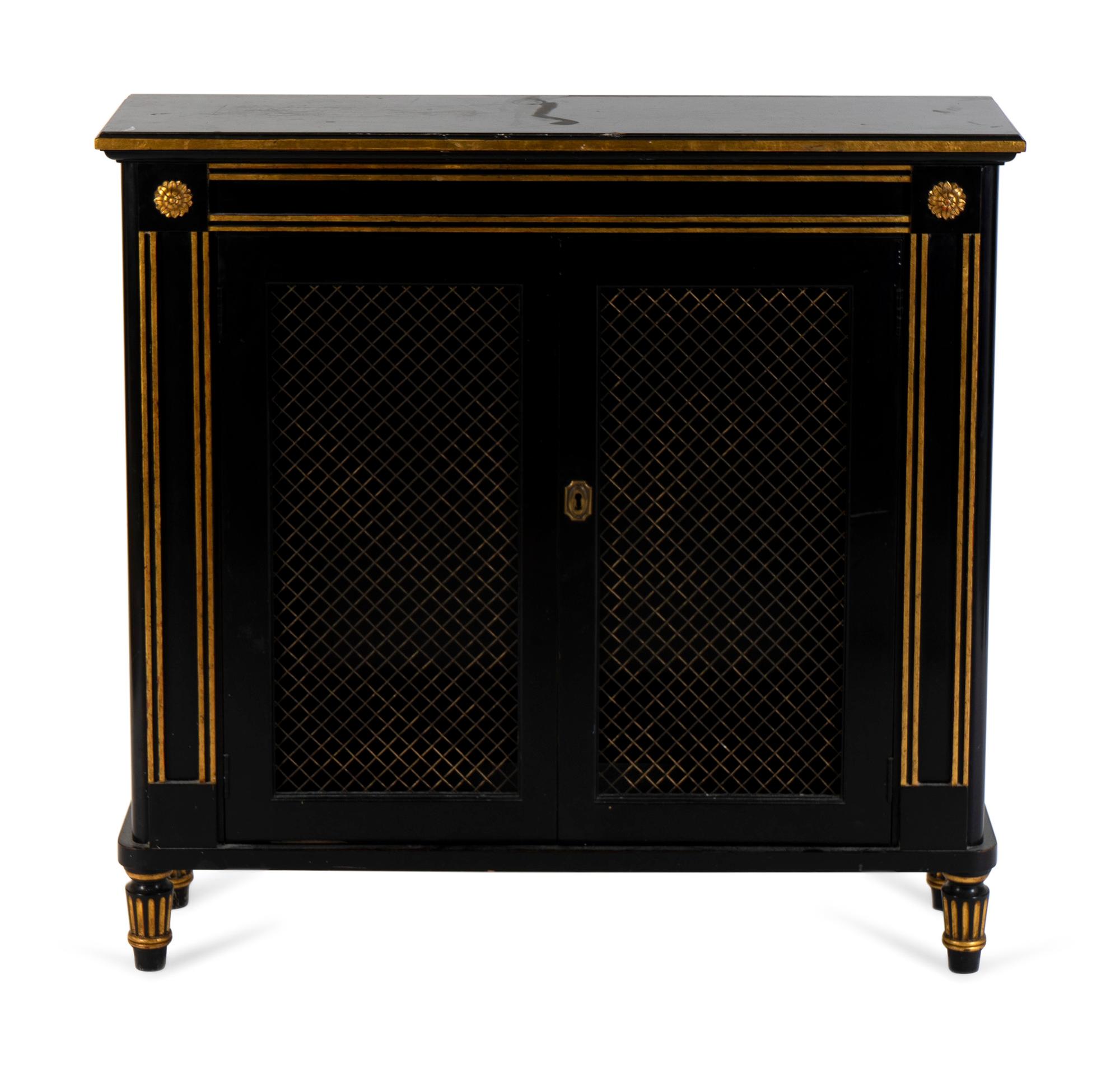 A Regency Style Ebonized and Gilt Decorated Low Side Cabinet — 20TH CENTURY