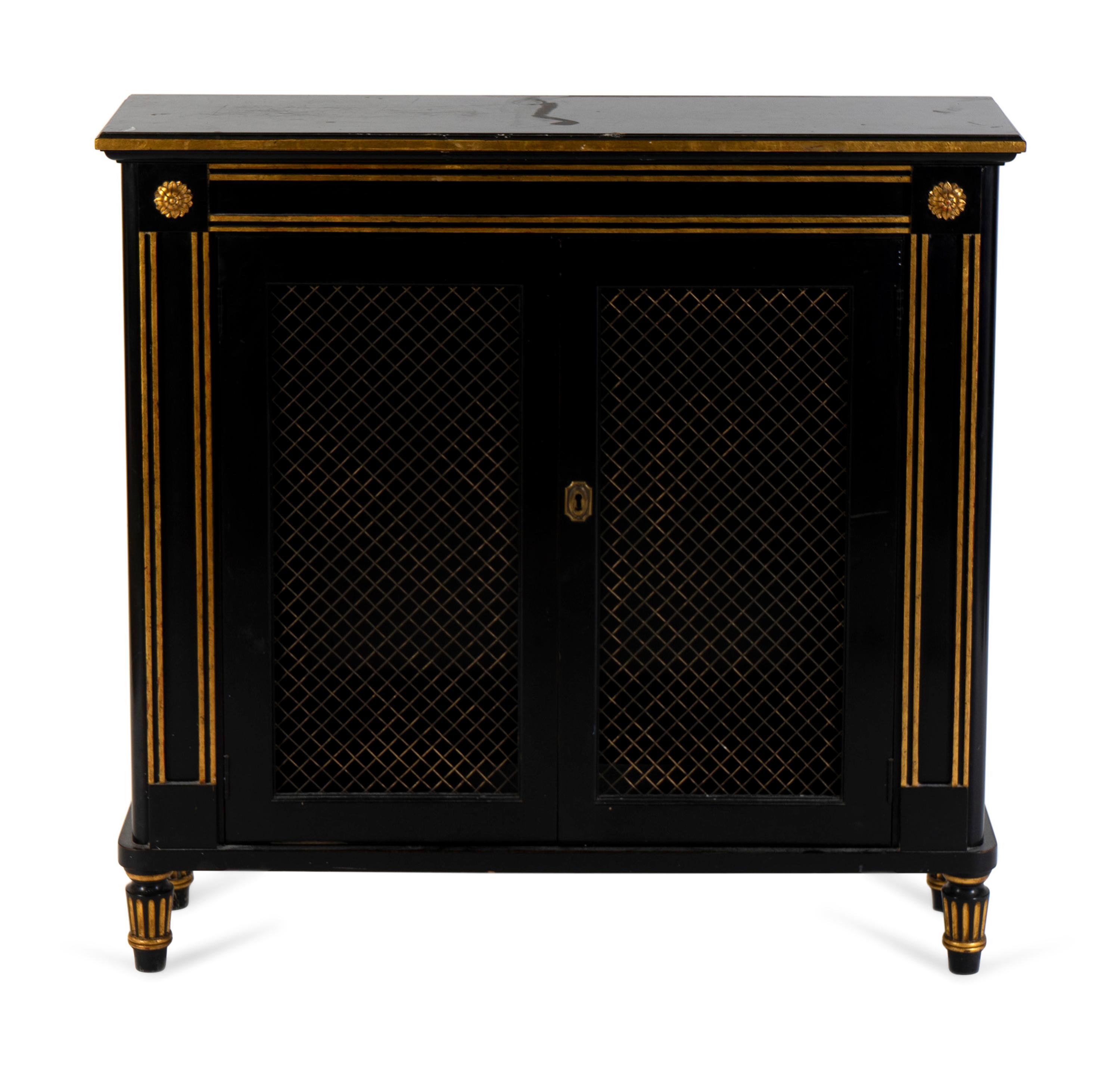 A Regency Style Ebonized and Gilt Decorated Low Side Cabinet — 20TH CENTURY