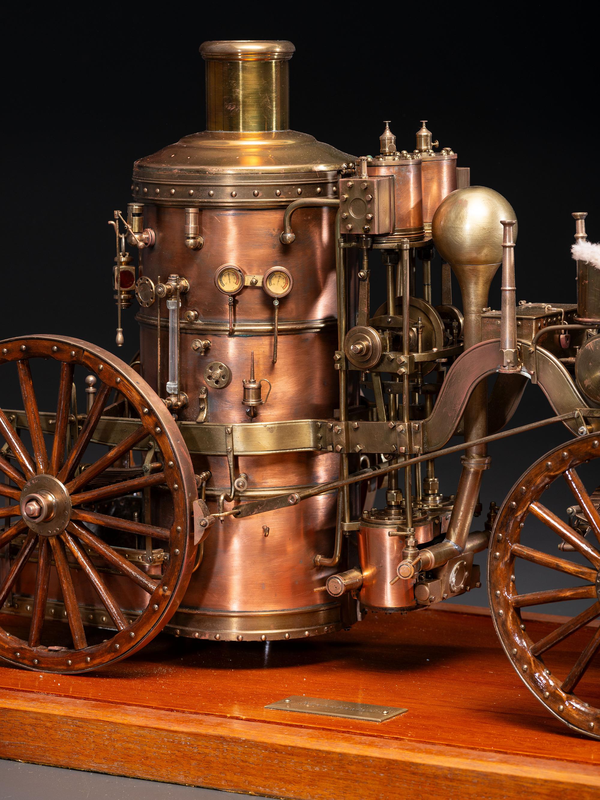 A Copper and Wood Horse-Drawn Steam-Powered Fire Engine Model
