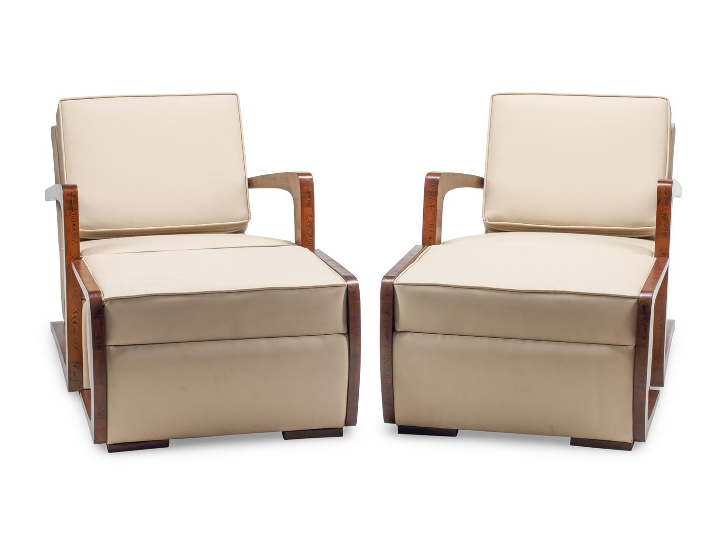A Pair of Art Deco Style Grain-Painted and Leather Upholstered Armchairs and Ottomans