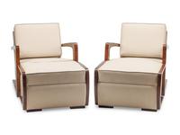 A Pair of Art Deco Style Grain-Painted and Leather Upholstered Armchairs and Ottomans
