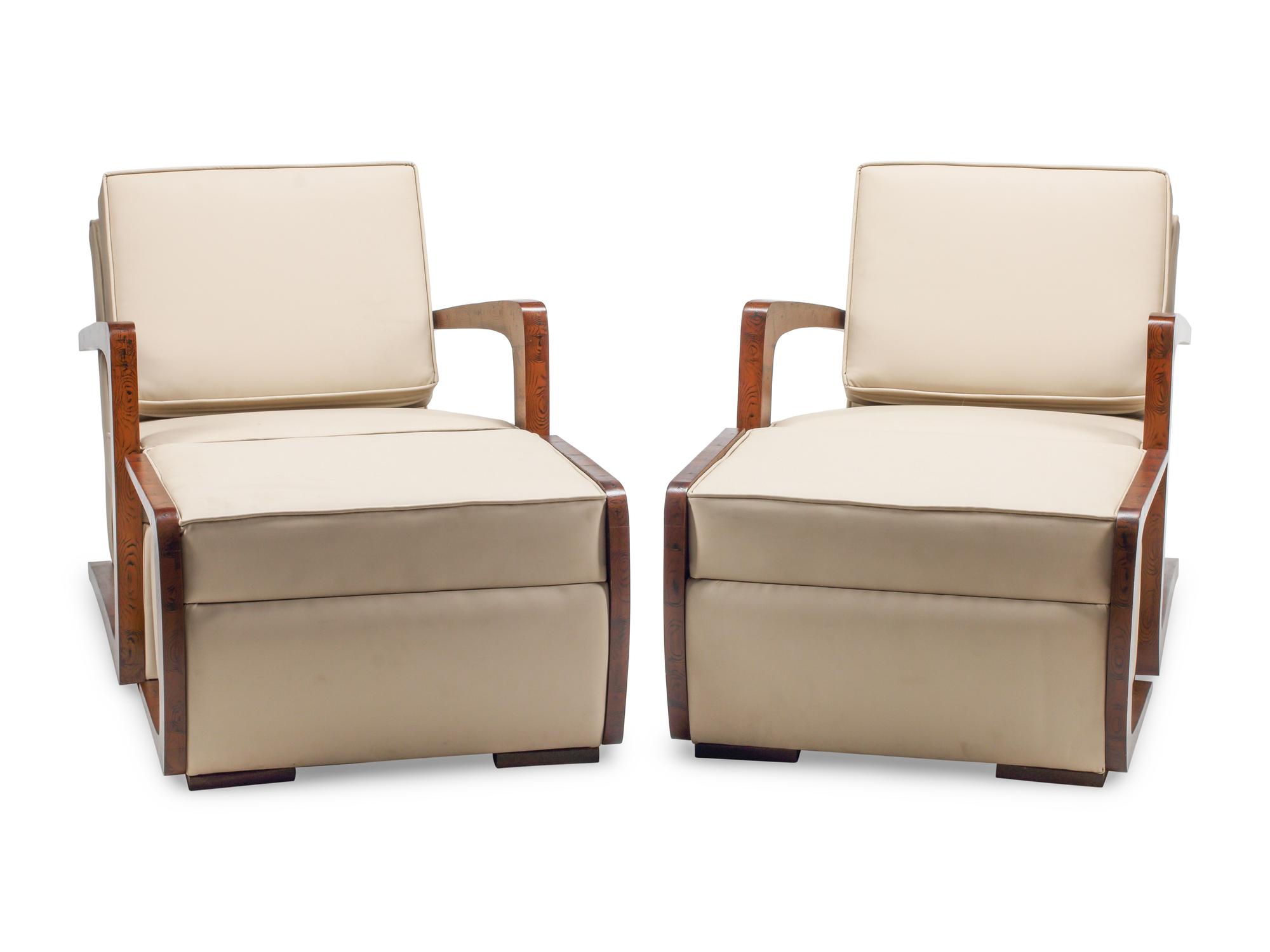 A Pair of Art Deco Style Grain-Painted and Leather Upholstered Armchairs and Ottomans