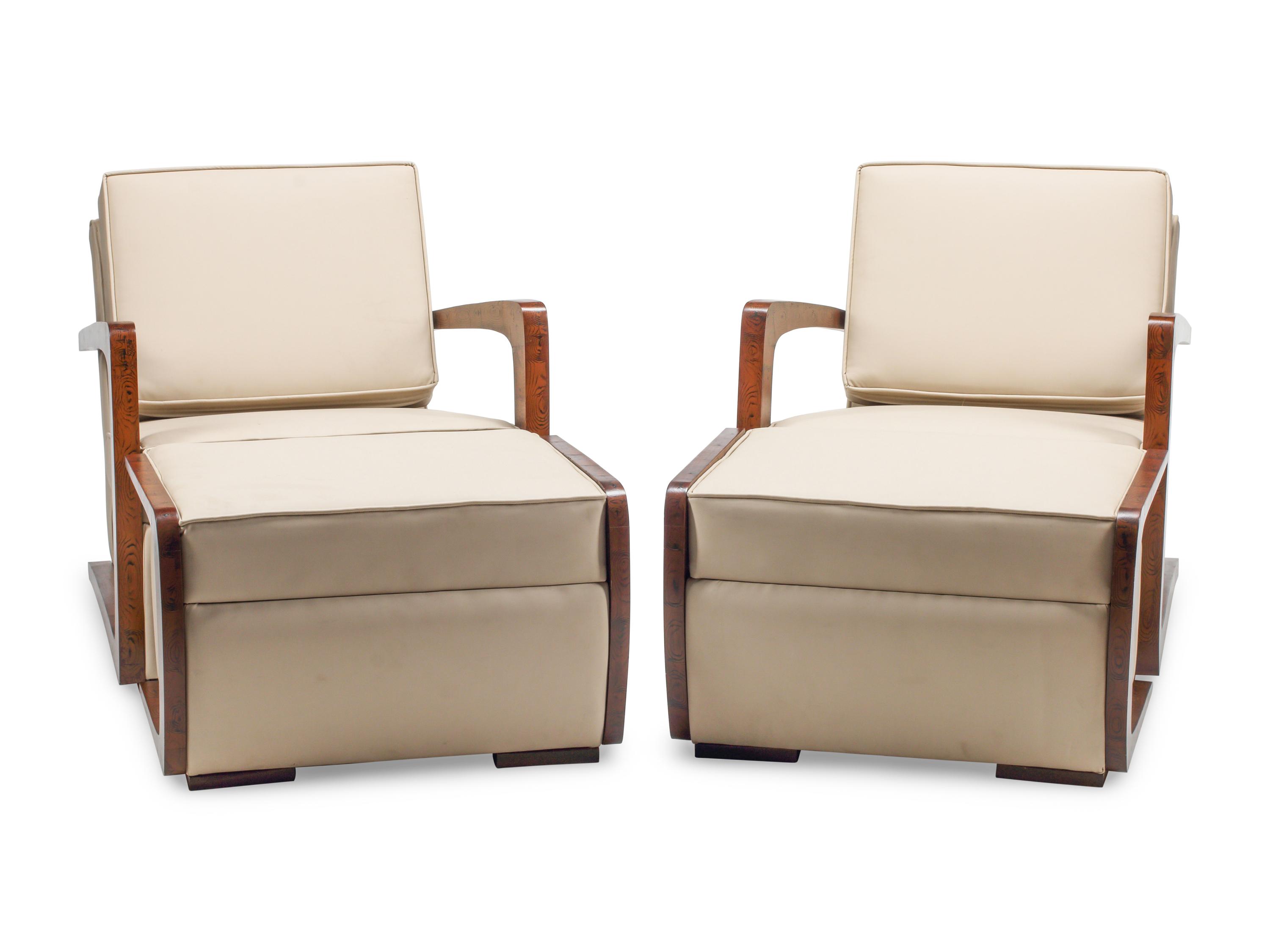 A Pair of Art Deco Style Grain-Painted and Leather Upholstered Armchairs and Ottomans