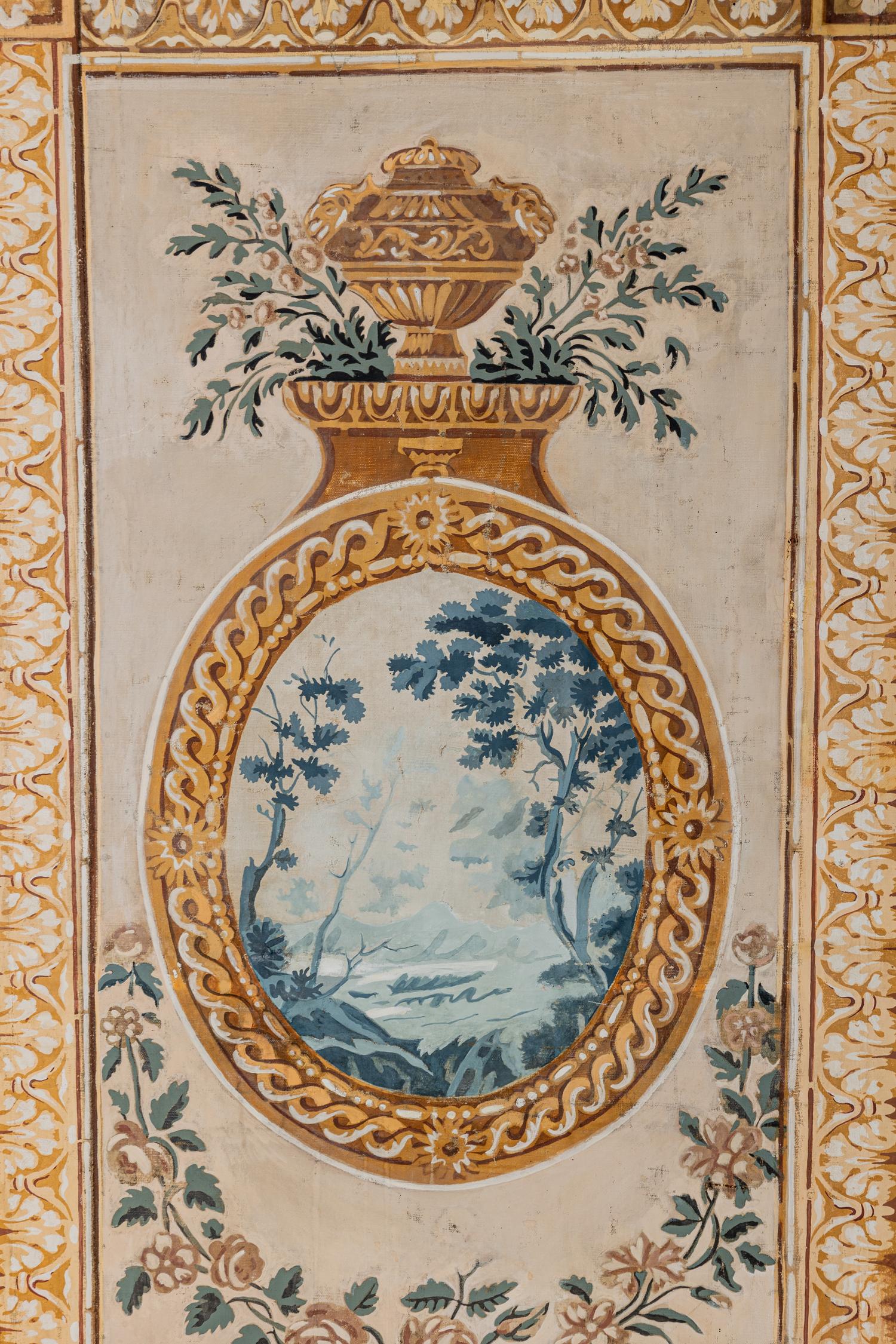 A Louis XVI Style Polychrome Painted Canvas Six-Panel Floor Screen