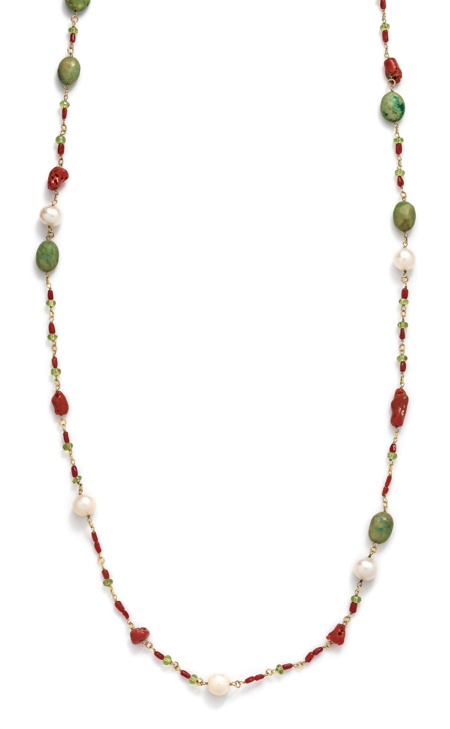 CORAL, PERIDOT, CULTURED PEARL AND GREEN HARDSTONE LONGCHAIN NECKLACE