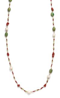 CORAL, PERIDOT, CULTURED PEARL AND GREEN HARDSTONE LONGCHAIN NECKLACE