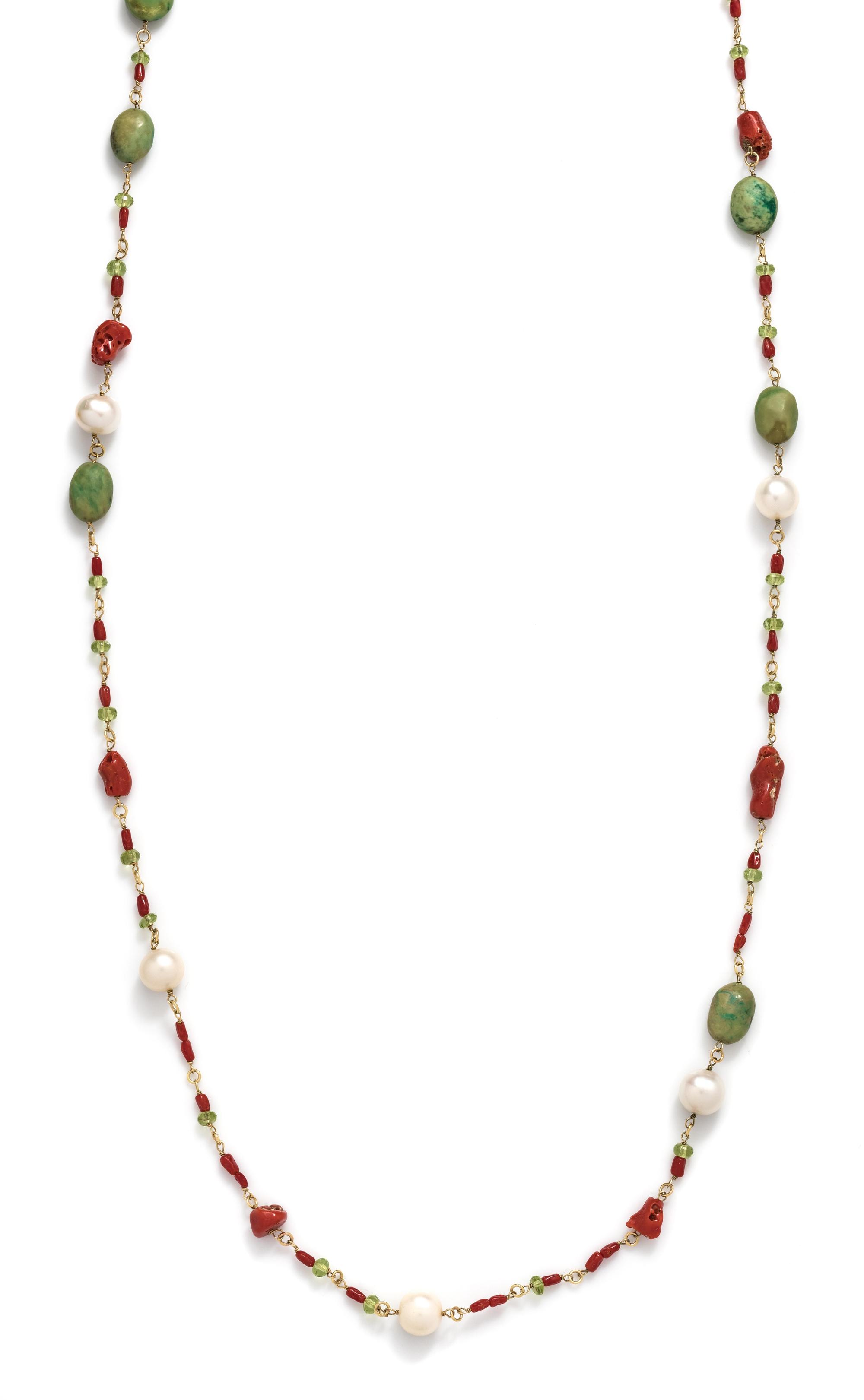 CORAL, PERIDOT, CULTURED PEARL AND GREEN HARDSTONE LONGCHAIN NECKLACE