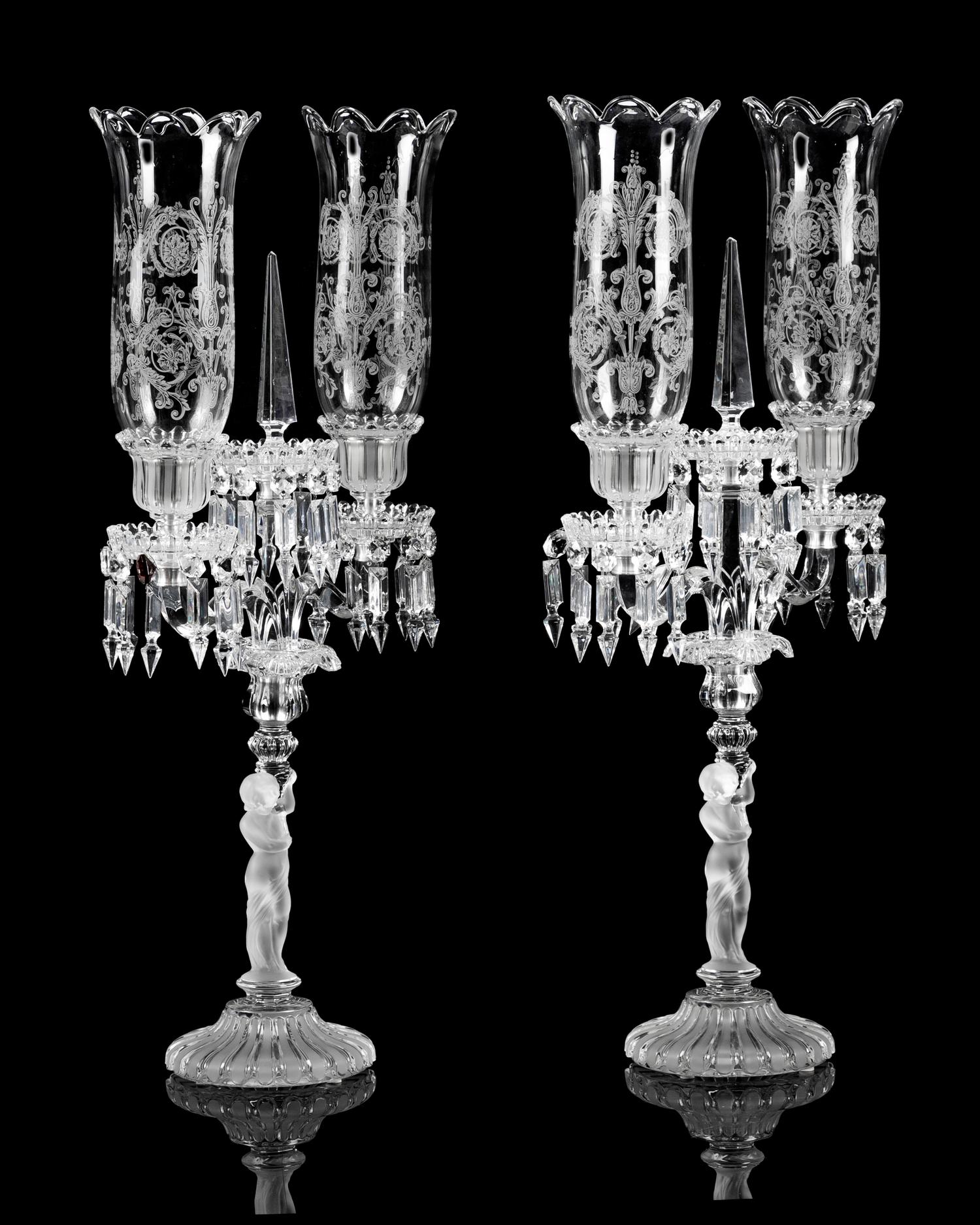 A Pair of Baccarat Etched and Molded Glass Figural Two-Light Candelabra