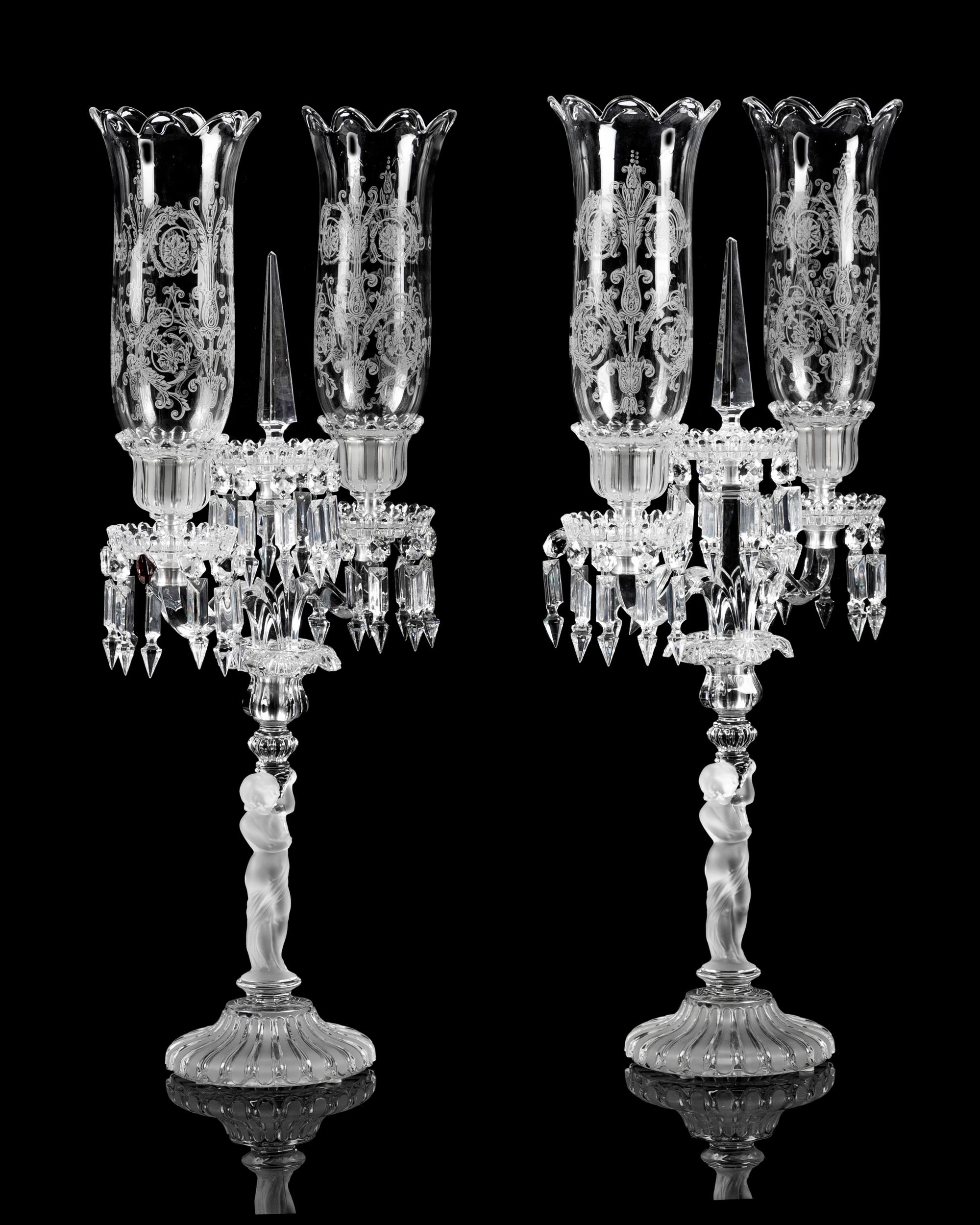 A Pair of Baccarat Etched and Molded Glass Figural Two-Light Candelabra