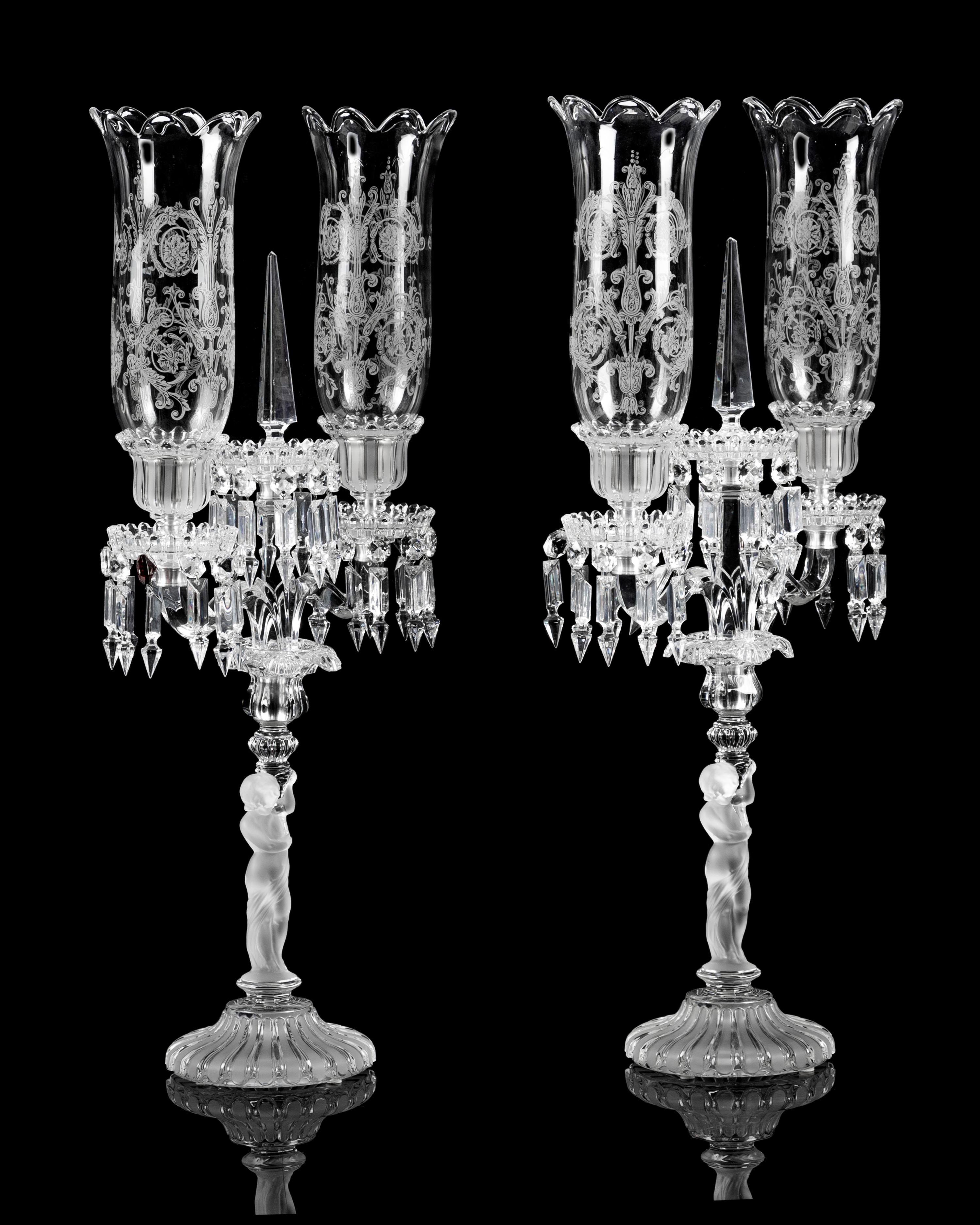 A Pair of Baccarat Etched and Molded Glass Figural Two-Light Candelabra