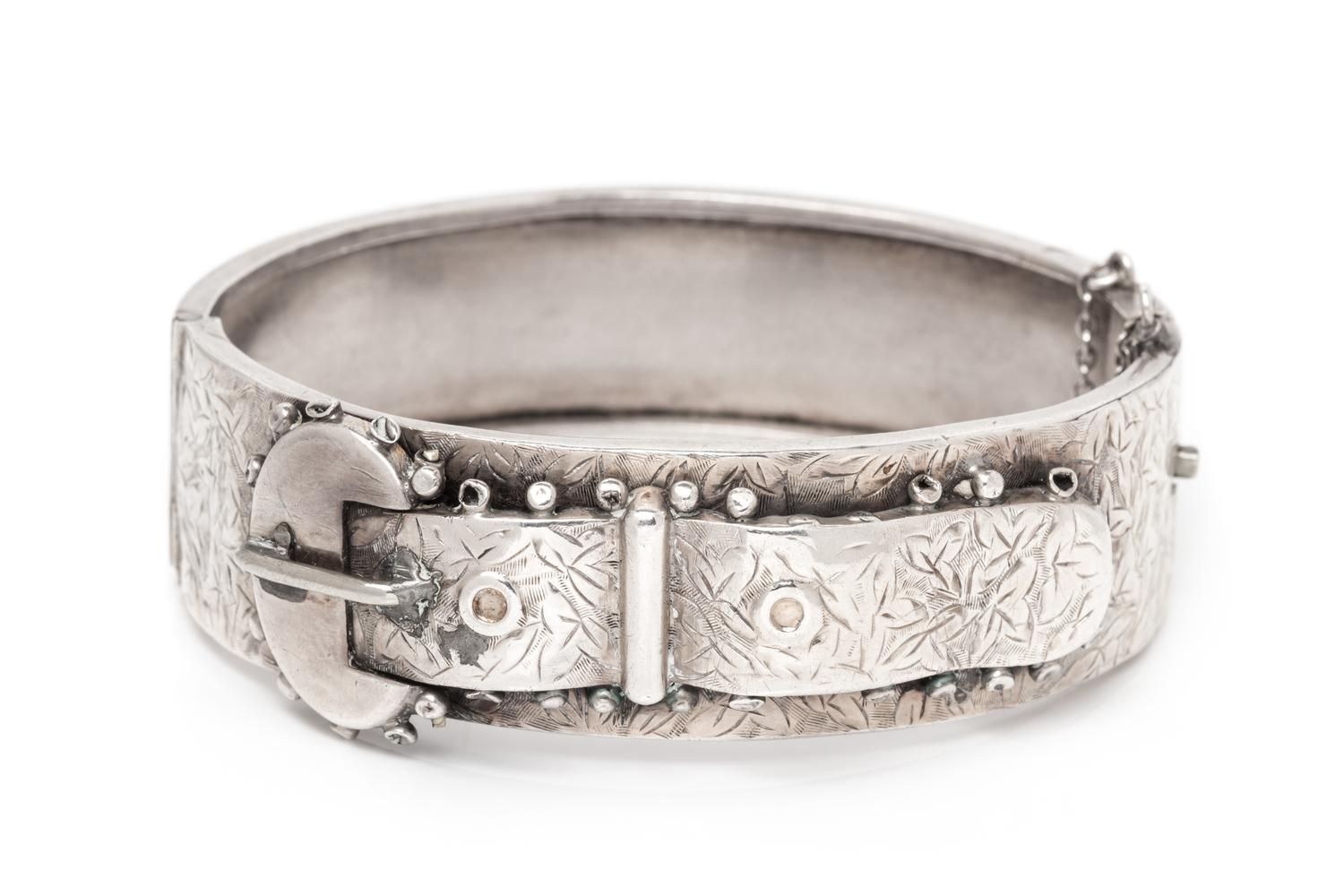 An Antique Sterling Silver Buckle Motif Bangle Bracelet, 23.10 dwts.