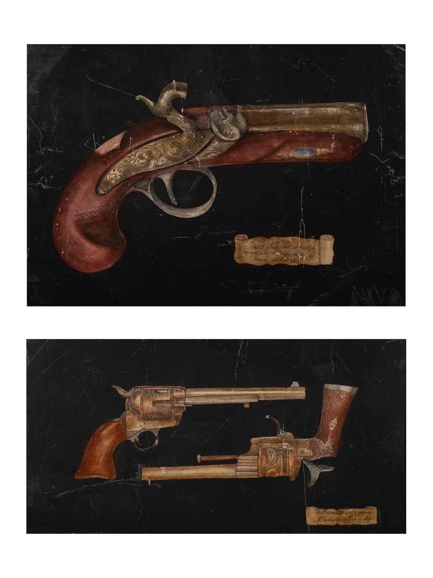 A Pair of Sgraffito Paintings of Pistols