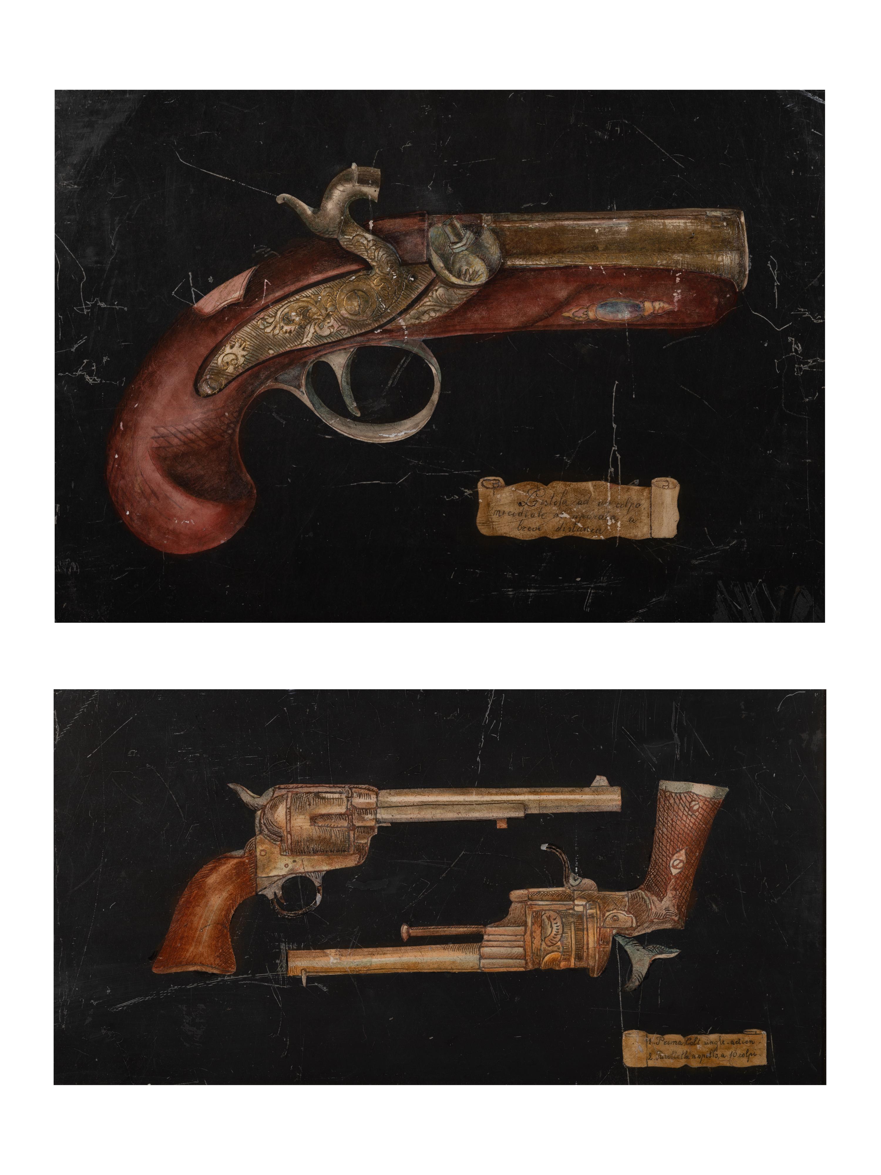 A Pair of Sgraffito Paintings of Pistols