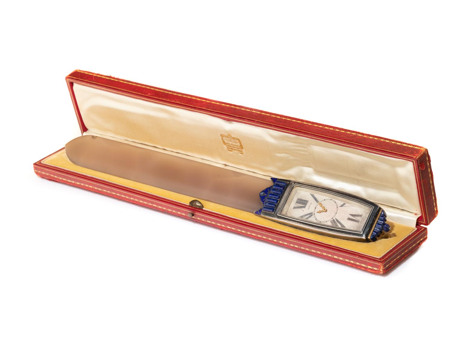 CARTIER, ART DECO, AGATE AND LAPIS LAZULI LETTER OPENER WATCH