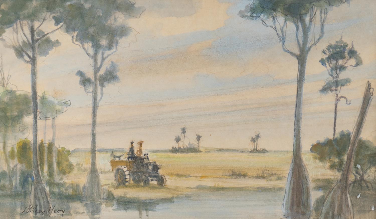 Florida Landscape with Figures on Tractor
