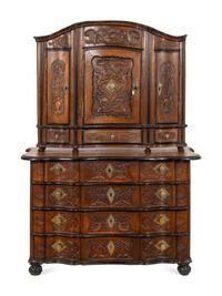 A Portuguese Carved Walnut Parcel Ebonized Bureau Cabinet on Chest