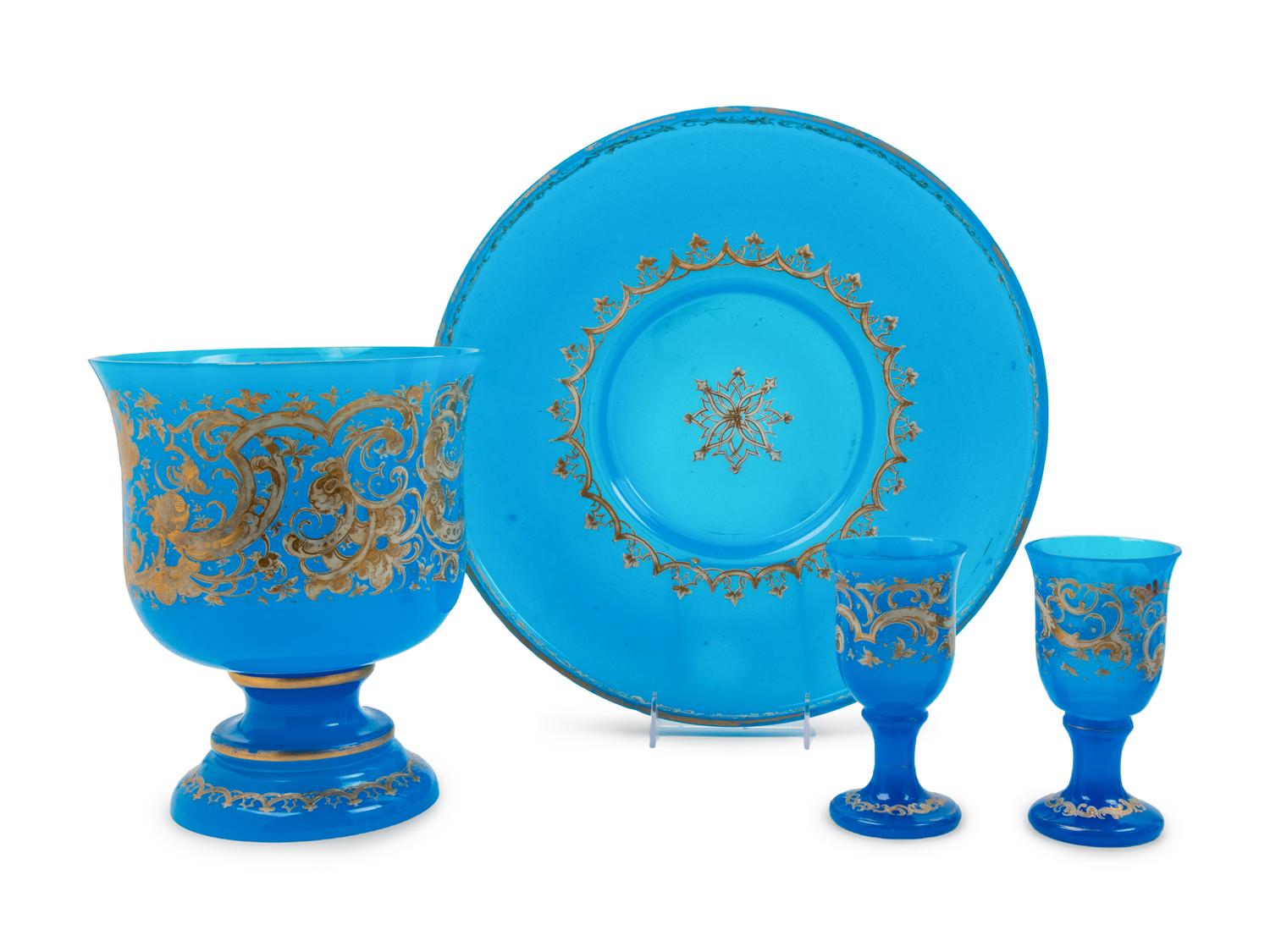 A Continental Enameled Opaline Glass Punch Set