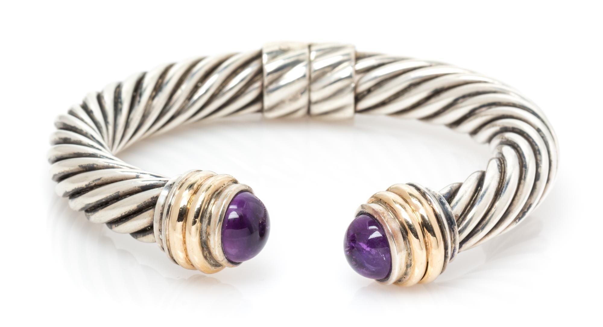 DAVID YURMAN, STERLING SILVER, YELLOW GOLD AND AMETHYST 'CABLE CLASSICS' CUFF BRACELET