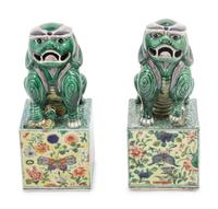 A Pair of Famille Verte Porcelain Figures of Fu Lions
