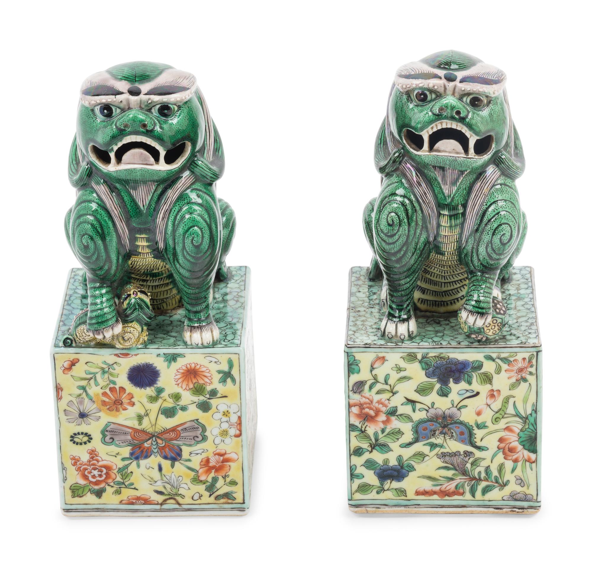 A Pair of Famille Verte Porcelain Figures of Fu Lions