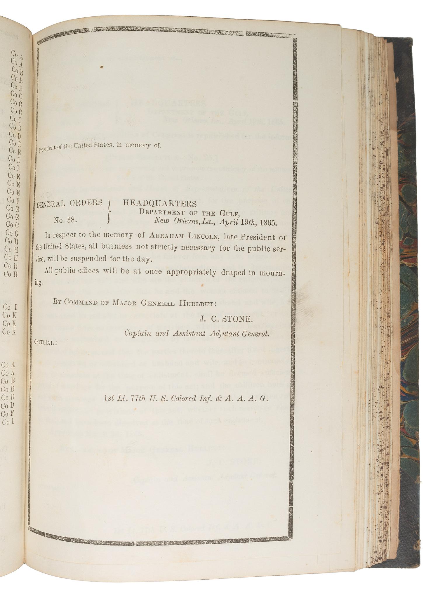 [CIVIL WAR]. Bound volume of General Orders and Circulars issued by the Department of the Gulf including orders related to Colored Troops, Freedmen, and Lincoln's Assassination, 1865.