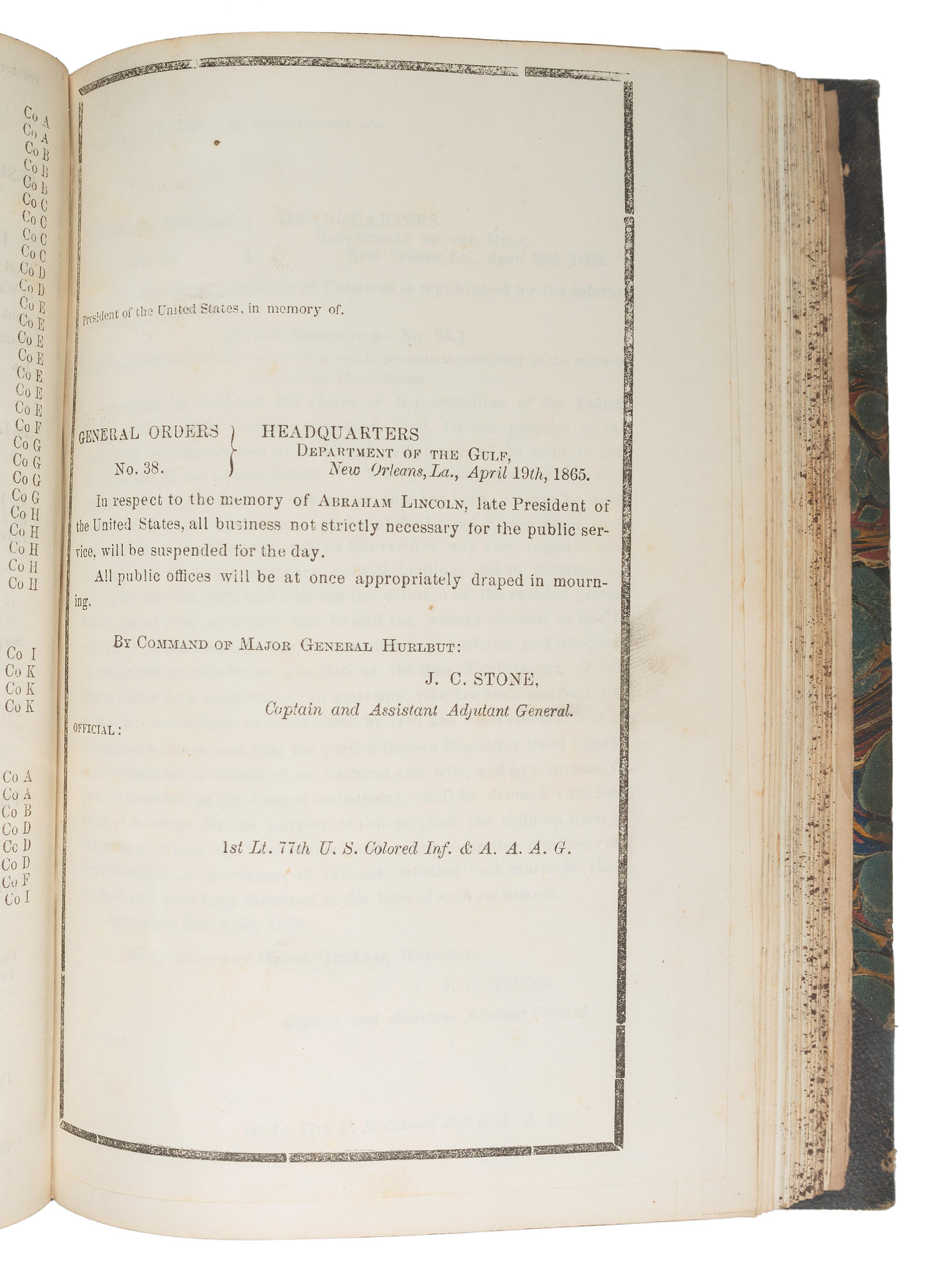 [CIVIL WAR]. Bound volume of General Orders and Circulars issued by the Department of the Gulf including orders related to Colored Troops, Freedmen, and Lincoln's Assassination, 1865.