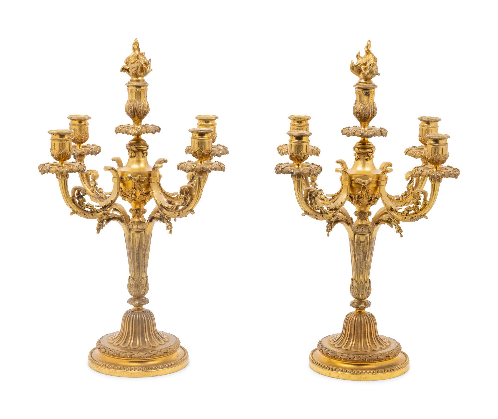 A Pair of Empire Style Gilt Bronze Six-Light Candelabra