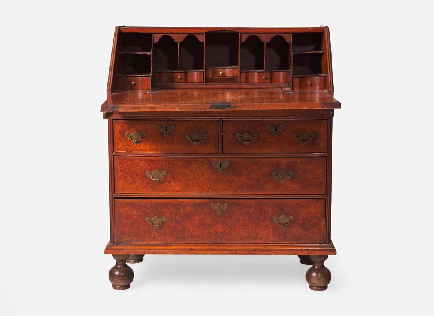 A William & Mary tiger maple and burl walnut veneered slant-front desk, New England, circa 1730