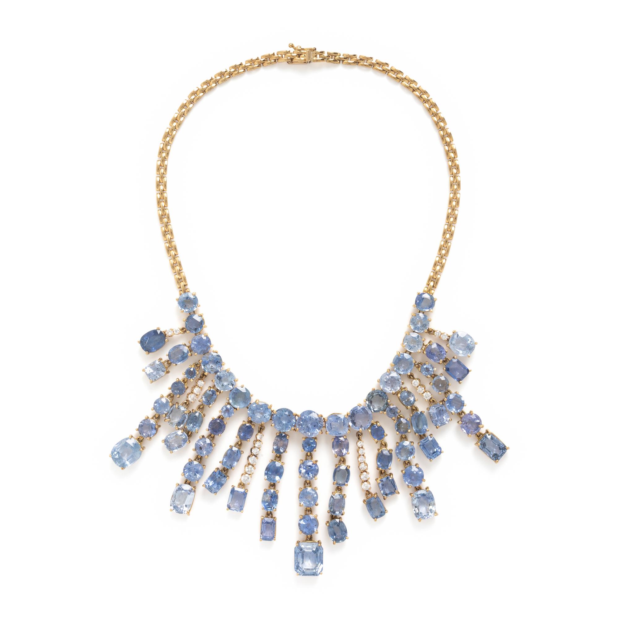 Sapphire, Diamond, and Yellow Gold Necklace