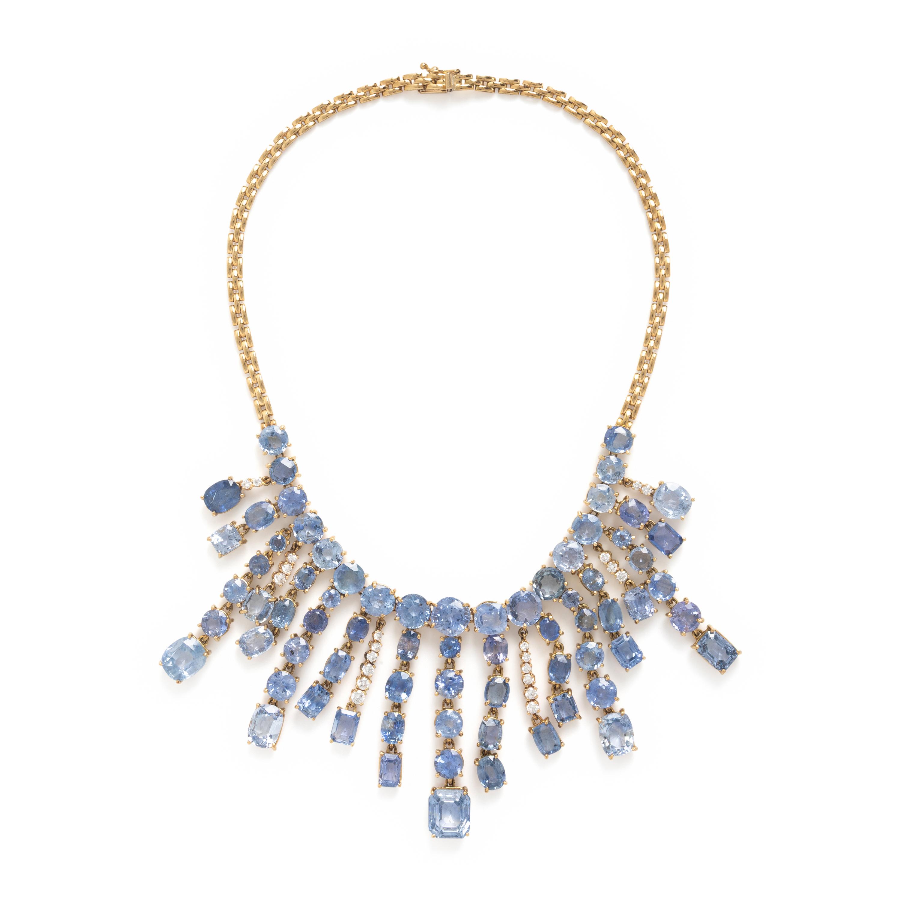 Sapphire, Diamond, and Yellow Gold Necklace