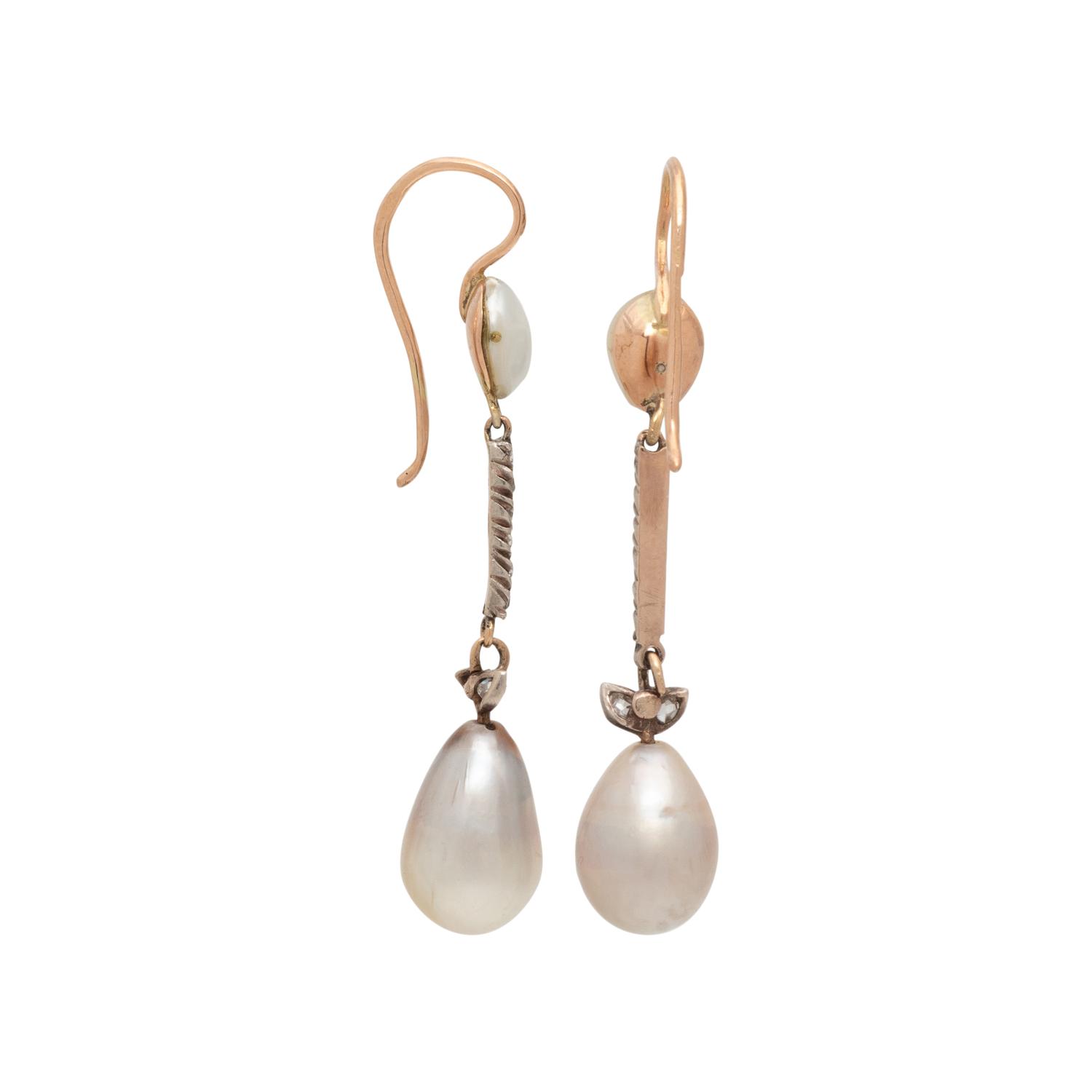 RUSSIAN, NATURAL PEARL AND DIAMOND EARRINGS