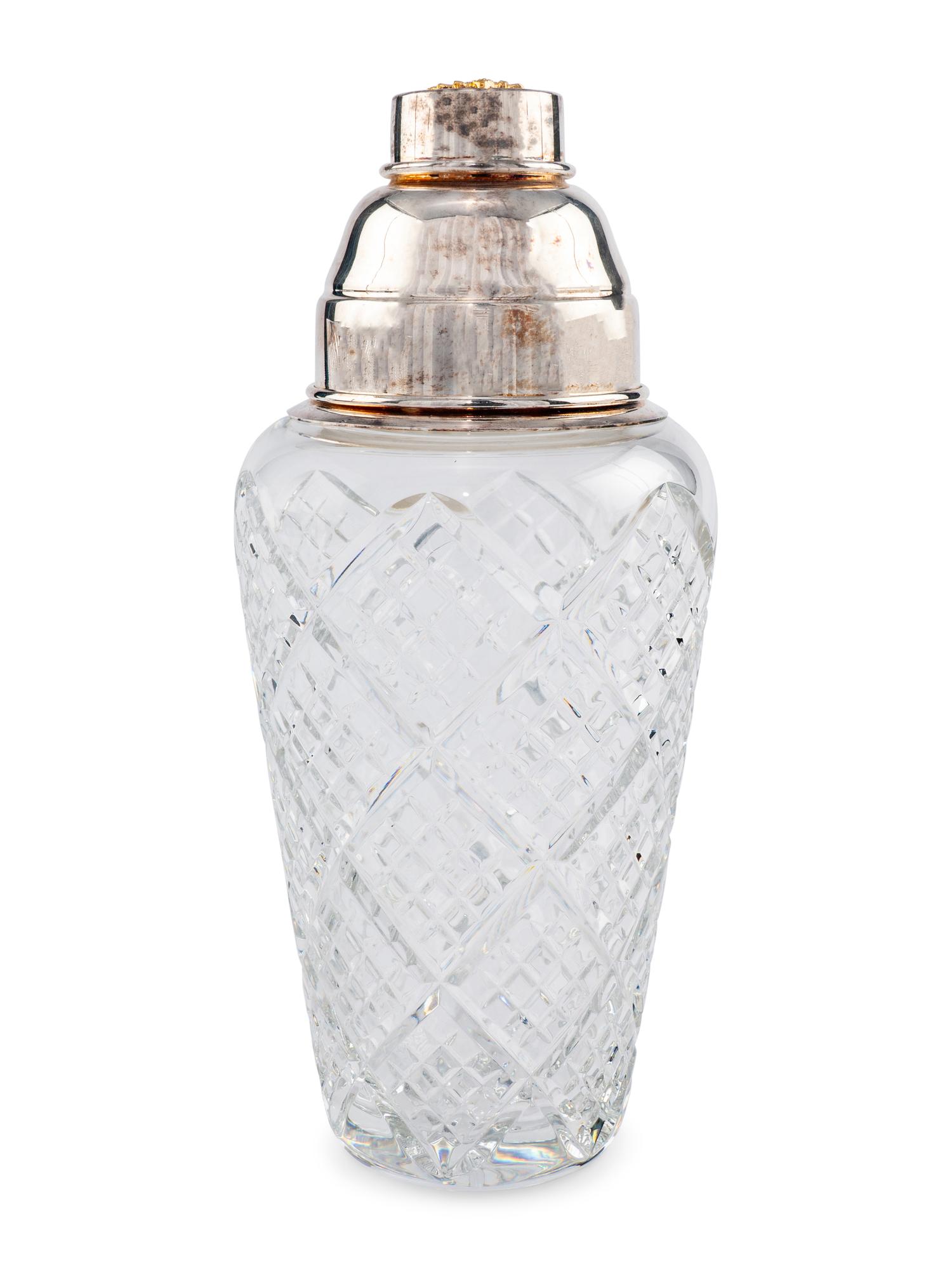 A Fabergé Cut Glass and Silver-Plate Mounted Cocktail Shaker and Four Glasses