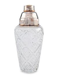 A Fabergé Cut Glass and Silver-Plate Mounted Cocktail Shaker and Four Glasses
