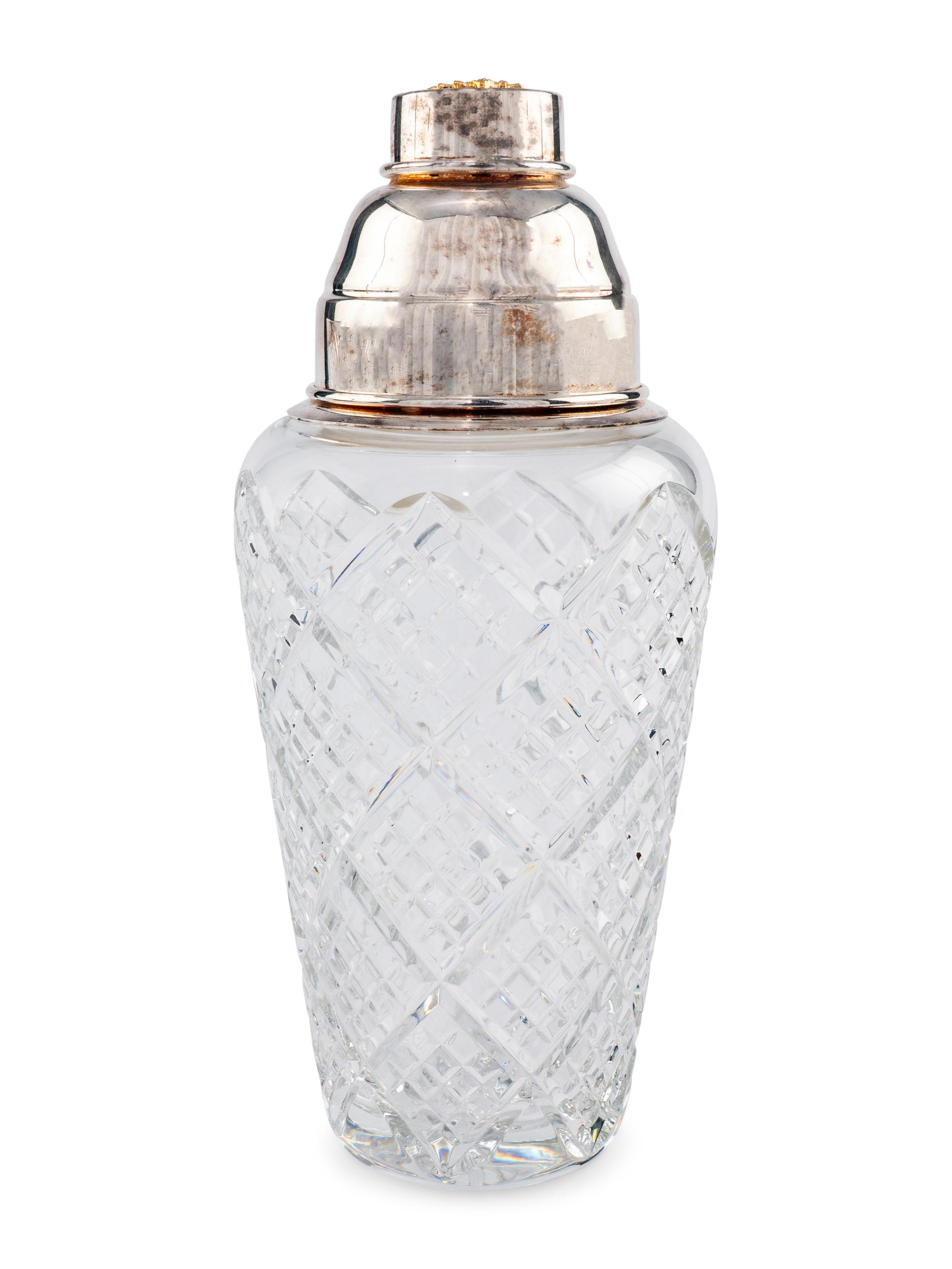 A Fabergé Cut Glass and Silver-Plate Mounted Cocktail Shaker and Four Glasses
