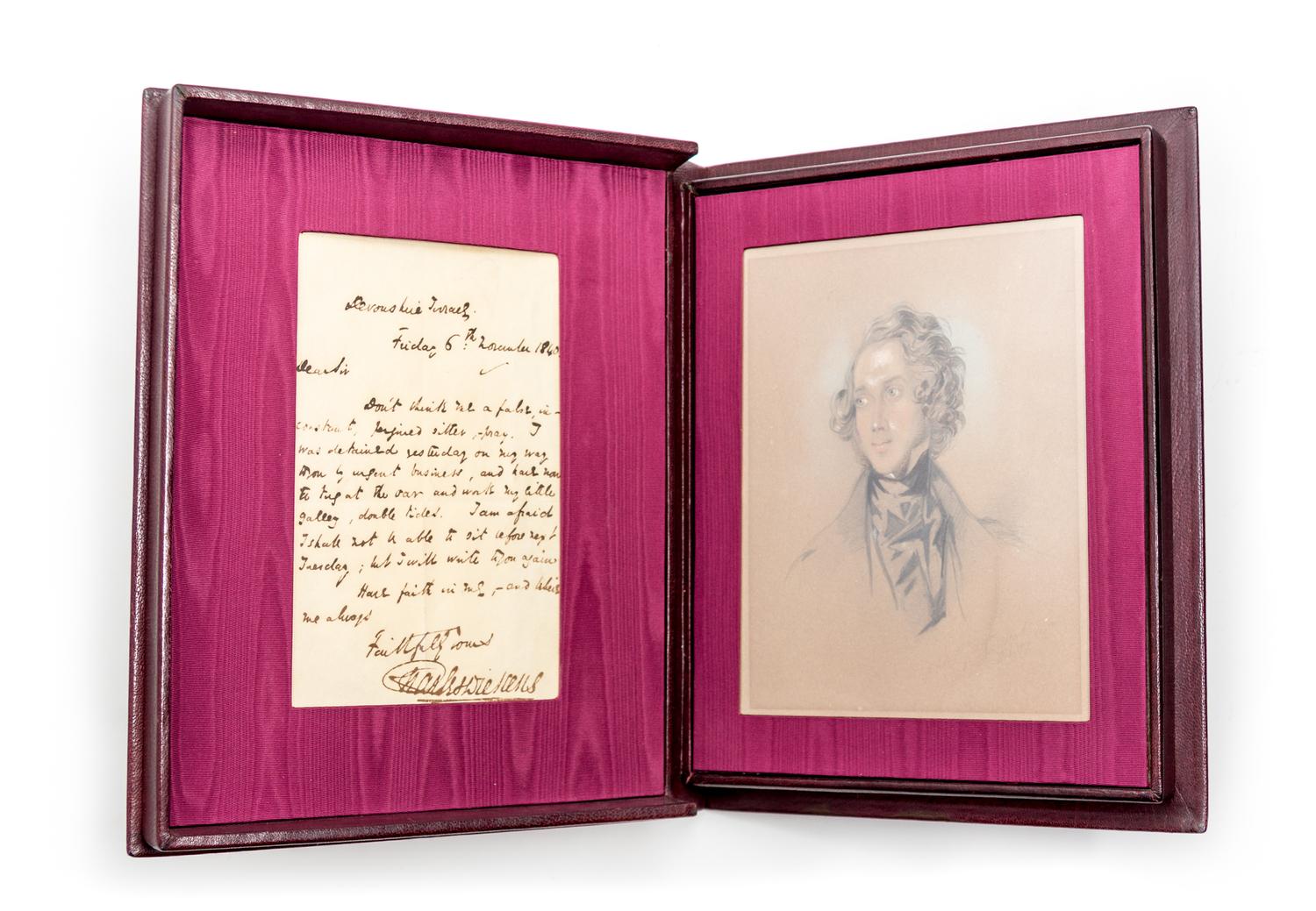 (DICKENS, CHARLES) TAYLOR, ALFRED HENRY. Original portrait sketch of young Dickens. With ALS by Dickens, 1840.