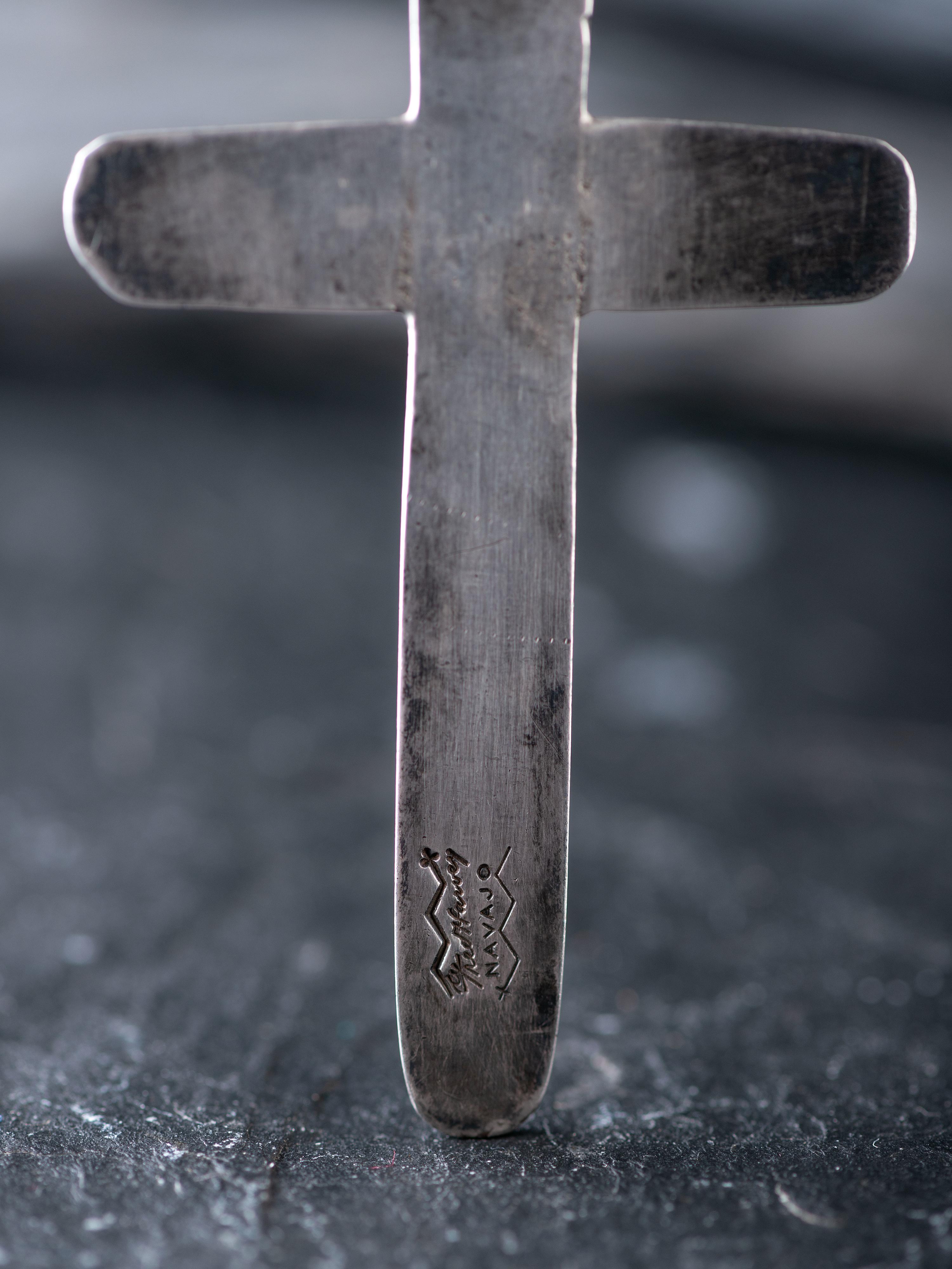 Navajo Stamped Silver and Turquoise Cross