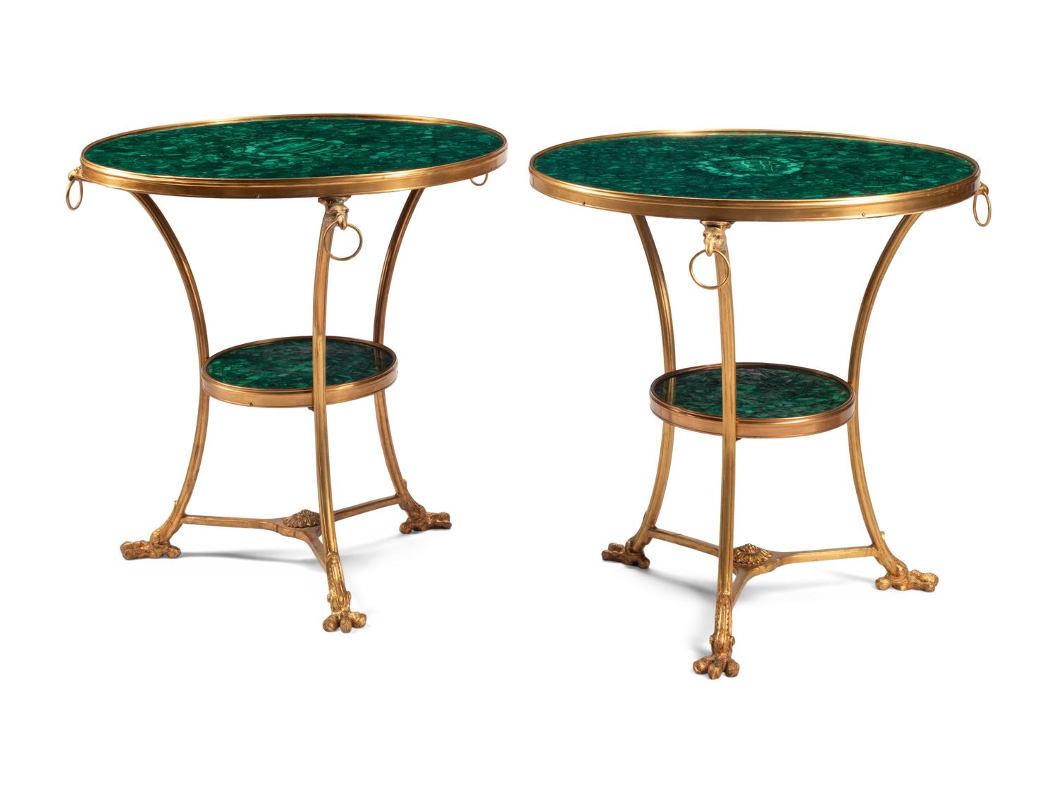 A Pair of Neoclassical Gilt Bronze and Malachite Guéridons