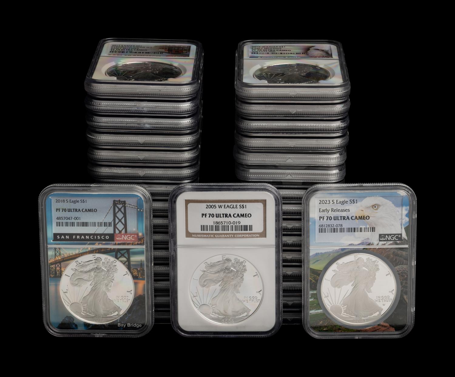 A Collection of Thirty-Three NGC Graded PF70 Ultra Cameo Silver Eagle $1 Coins