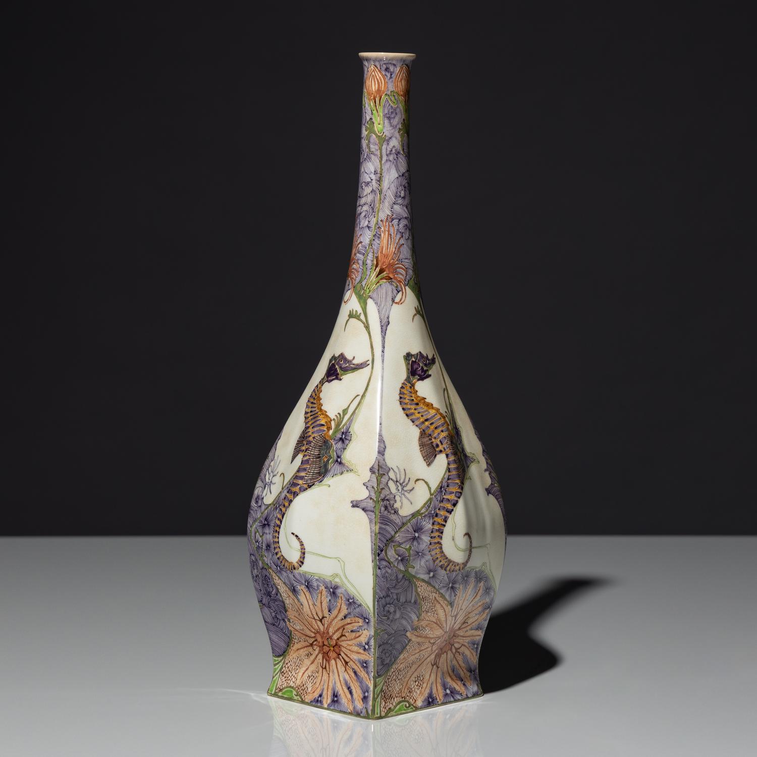 Eggshell porcelain vase with polychrome seahorse decor, model 89