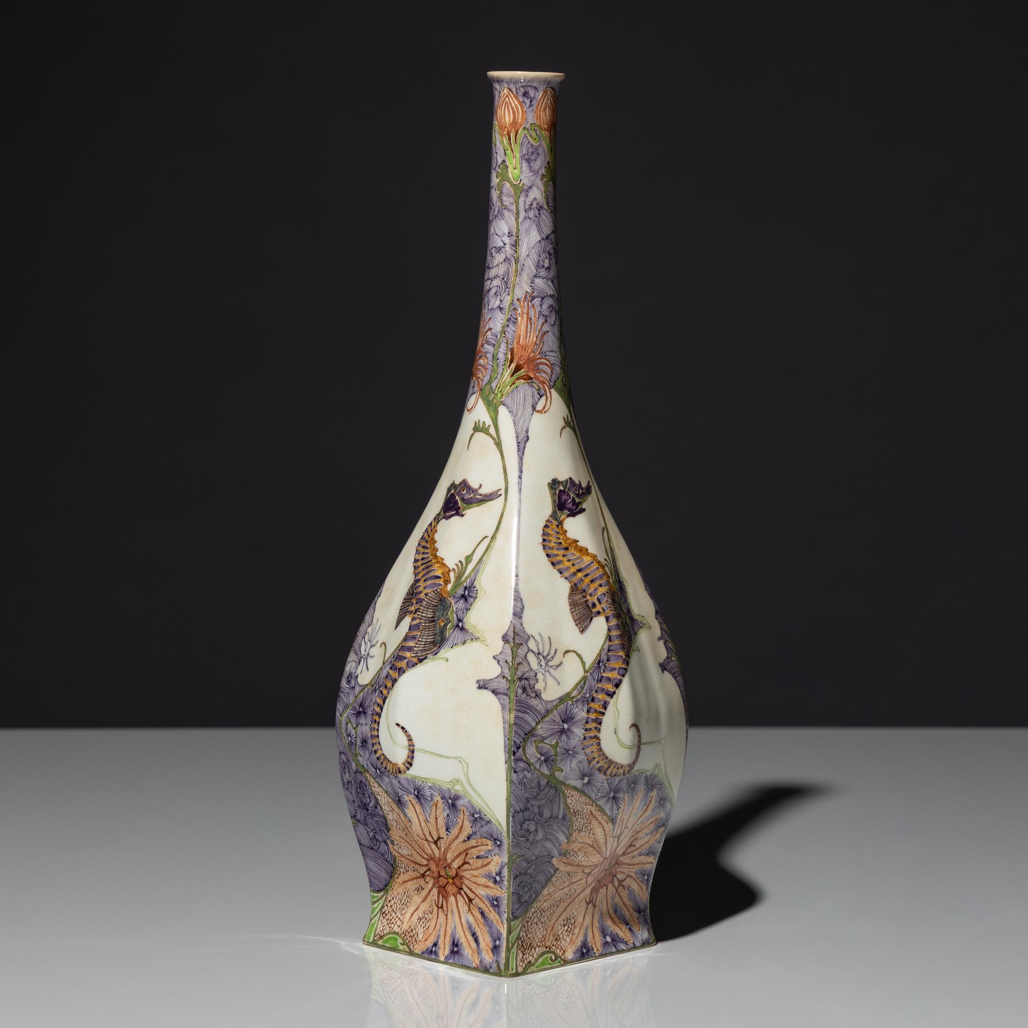 Eggshell porcelain vase with polychrome seahorse decor, model 89