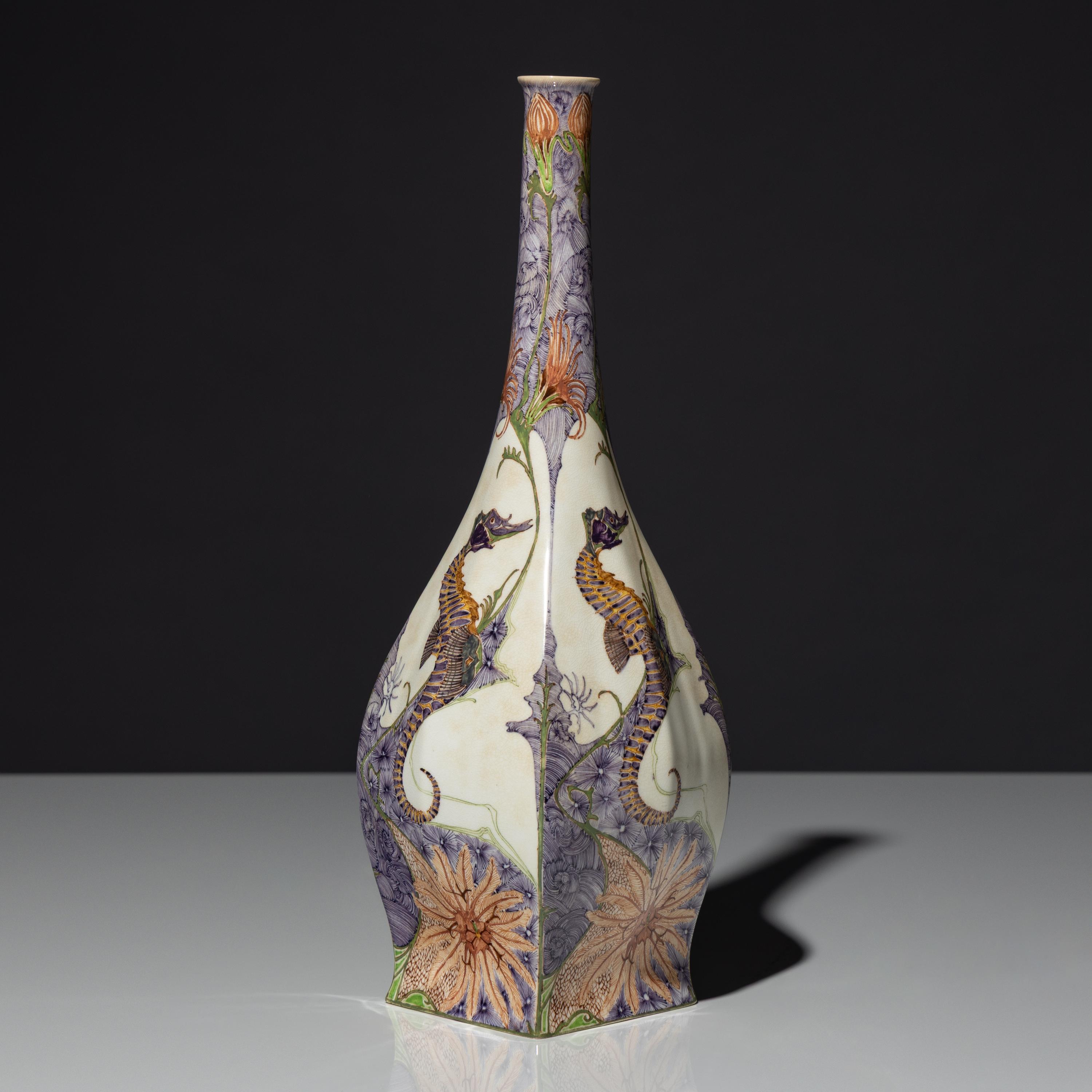 Eggshell porcelain vase with polychrome seahorse decor, model 89